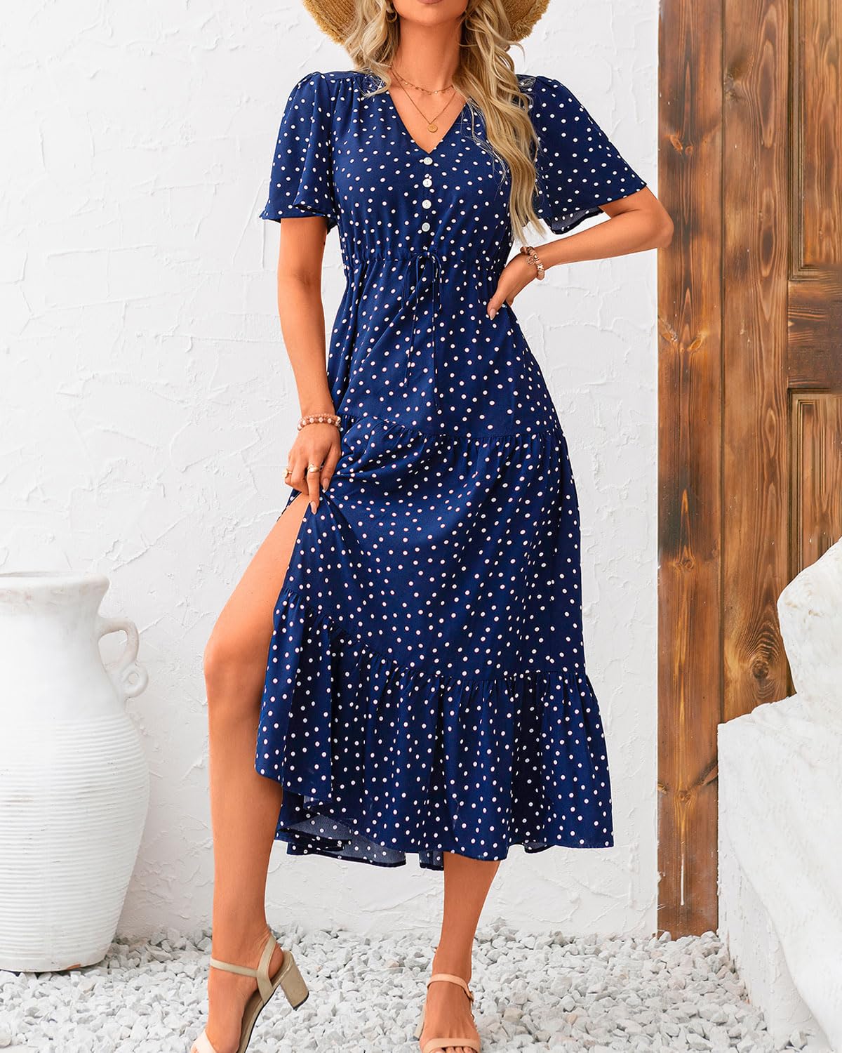 Zenlonr Women's Summer Maxi Dress 2025 - Casual Short Sleeve V-Neck Beach Dress with Side Split & Adjustable Drawstring | Perfect for Vacation, Pool Party, and Boho Outfits