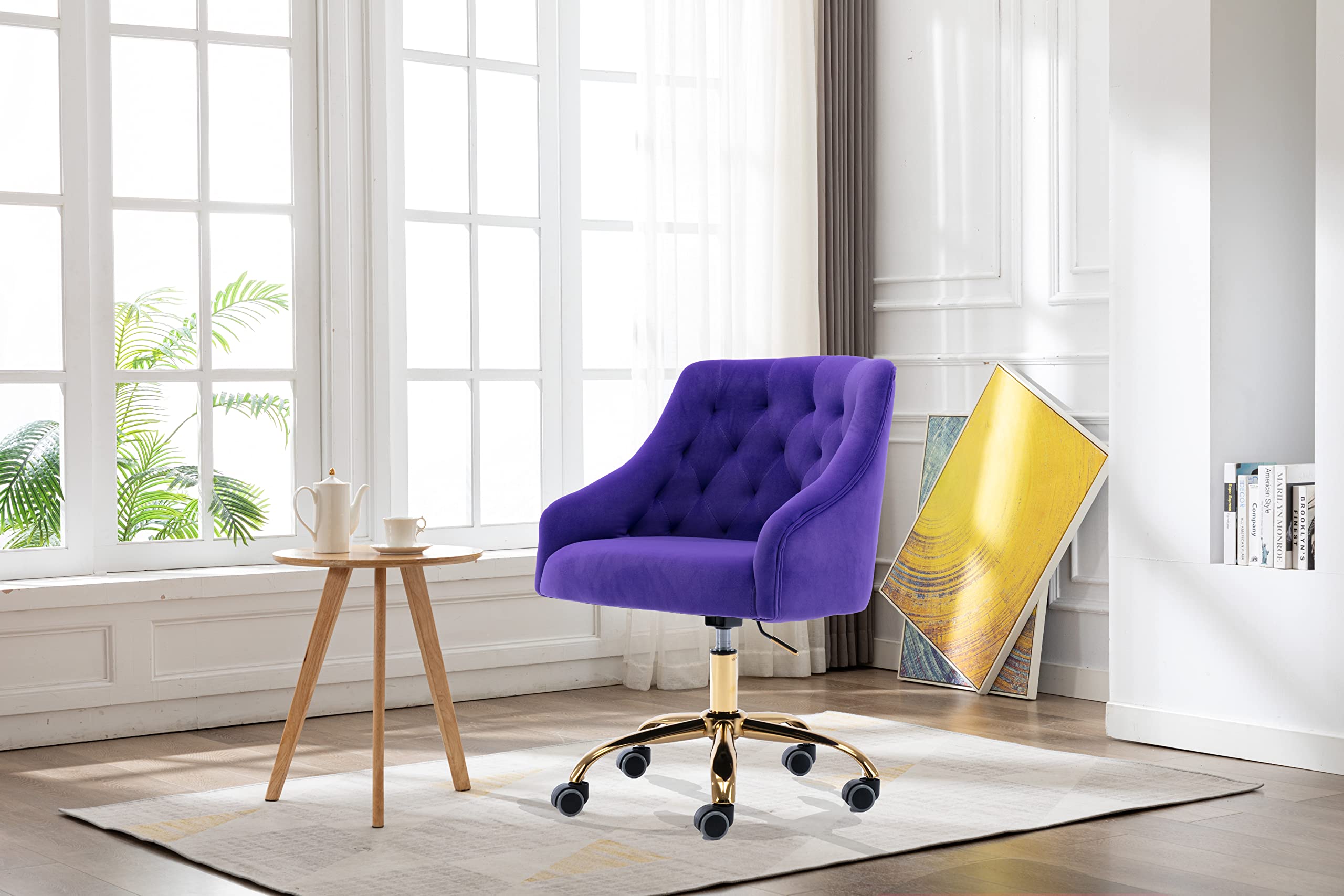 Ergonomic Velvet Swivel Office Chair with Wheels & Height Adjustment - Modern Home Desk Chair for Work, Study, Makeup Vanity - Perfect for Living Room, Bedroom & Home Office (Purple)