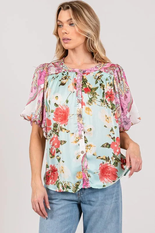 Plus Size Floral Print Mineral Wash French Terry Button Up Shirt for Women - Casual Loungewear & Spring Layering Top