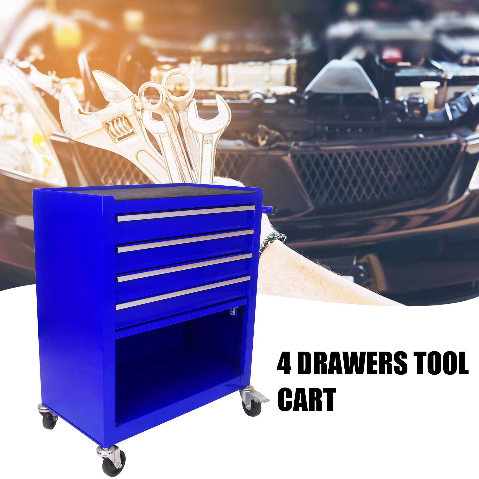 4-Drawer Rolling Tool Chest Cabinet with Wheels - Heavy Duty Tool Storage Organizer for Garage, Workshop & Warehouse - Portable Tool Box with Lockable Drawers (Blue) - Perfect for DIY Projects, Auto Repair & Home Organization