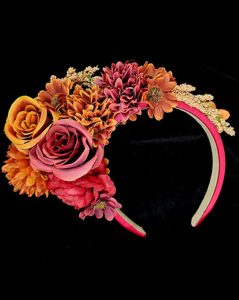 Race Day Crown & Fascinators - Red & Burnt Orange Floral Headband by Frieda at Kezani | Perfect for Kentucky Derby, Weddings & Special Events