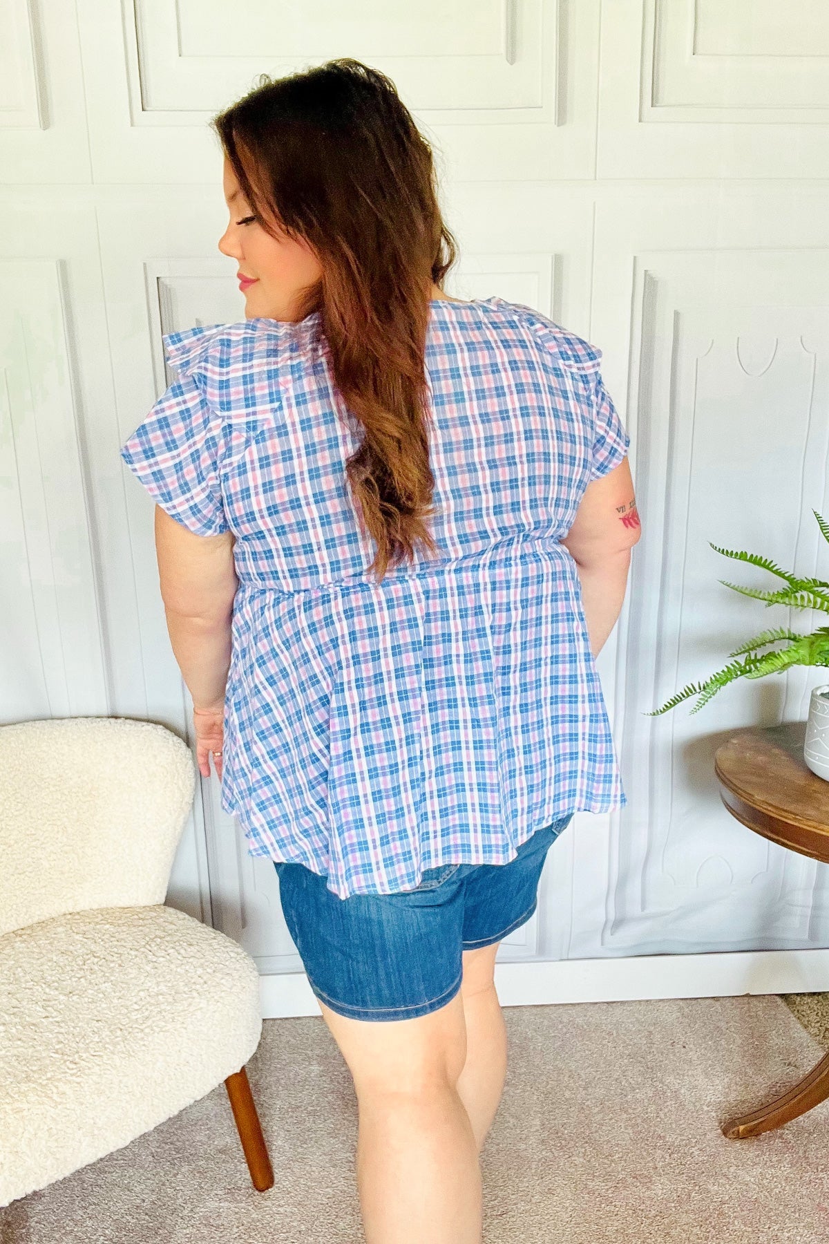 Stylish Blue Plaid V-Neck Ruffle Elastic Babydoll Top for Women - Perfect for Casual Outings, Dates & Summer Fashion