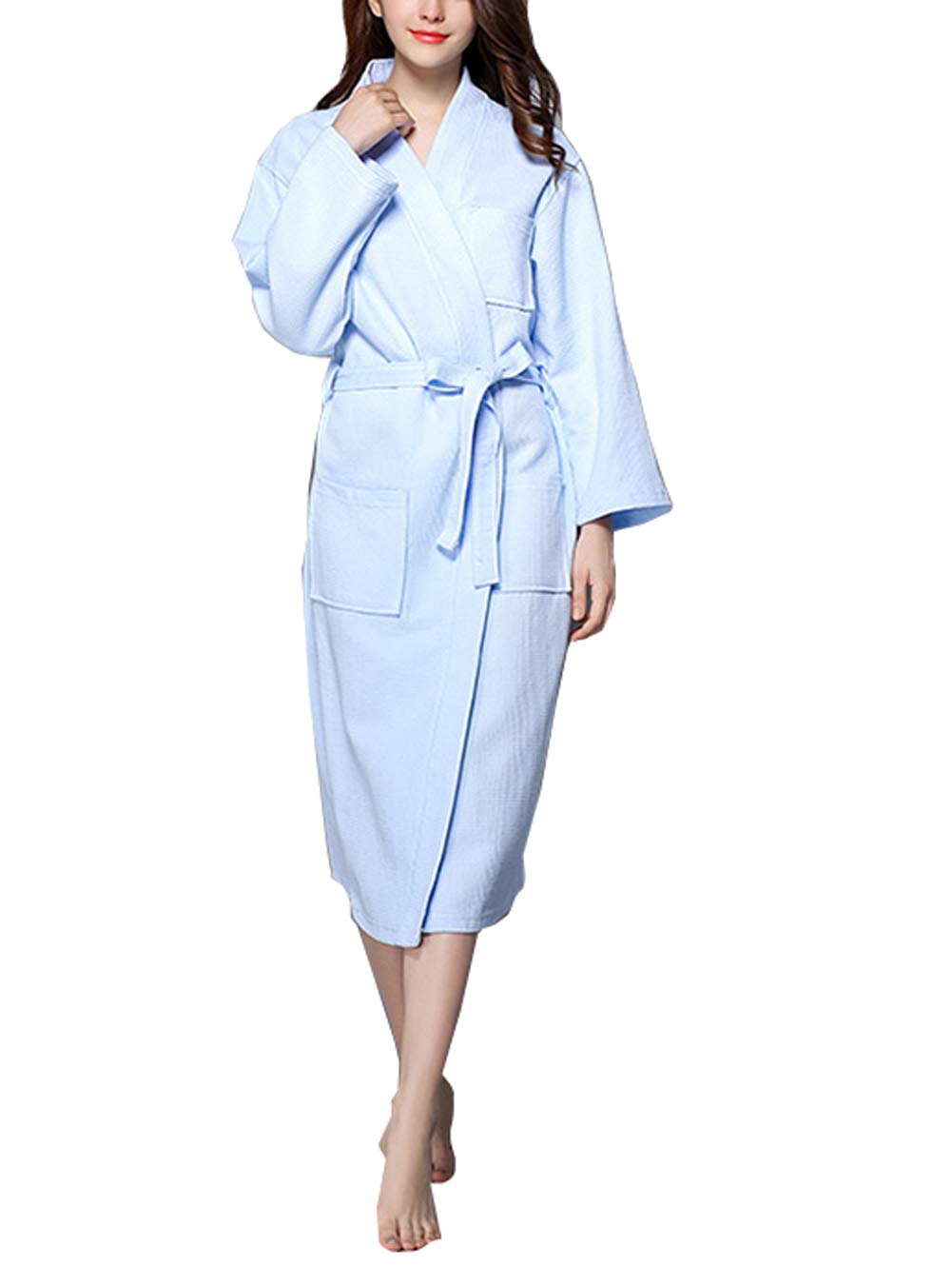 KM Women's Spring & Autumn Long Sleeve Waffle Cotton Bathrobe - Soft & Cozy Loungewear for Spa, Home Relaxation & Hotel Use