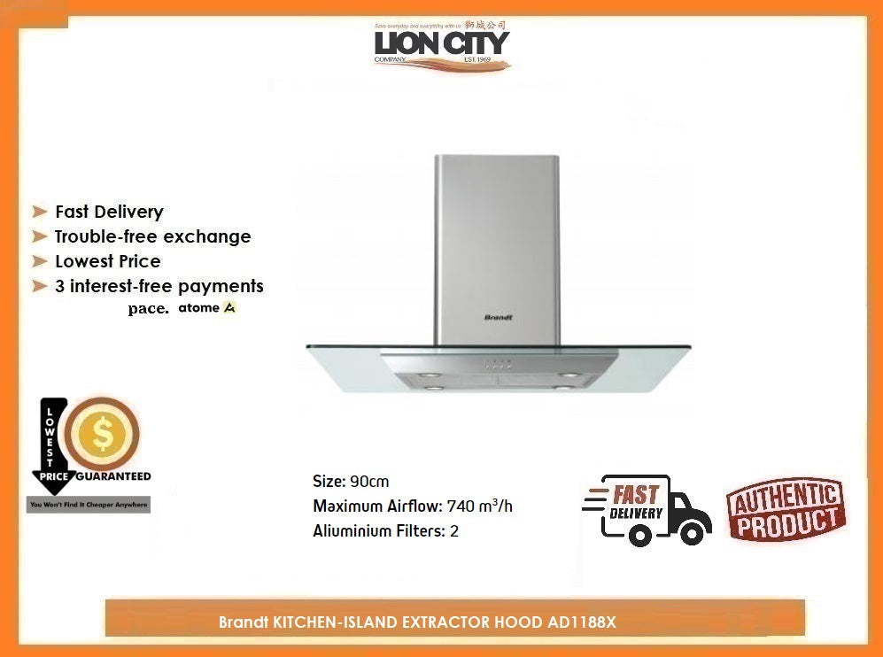 Brandt AD1188X Kitchen Island Range Hood - 36 Inch Stainless Steel Extractor with LED Lights - Perfect for Modern Open-Concept Kitchens
