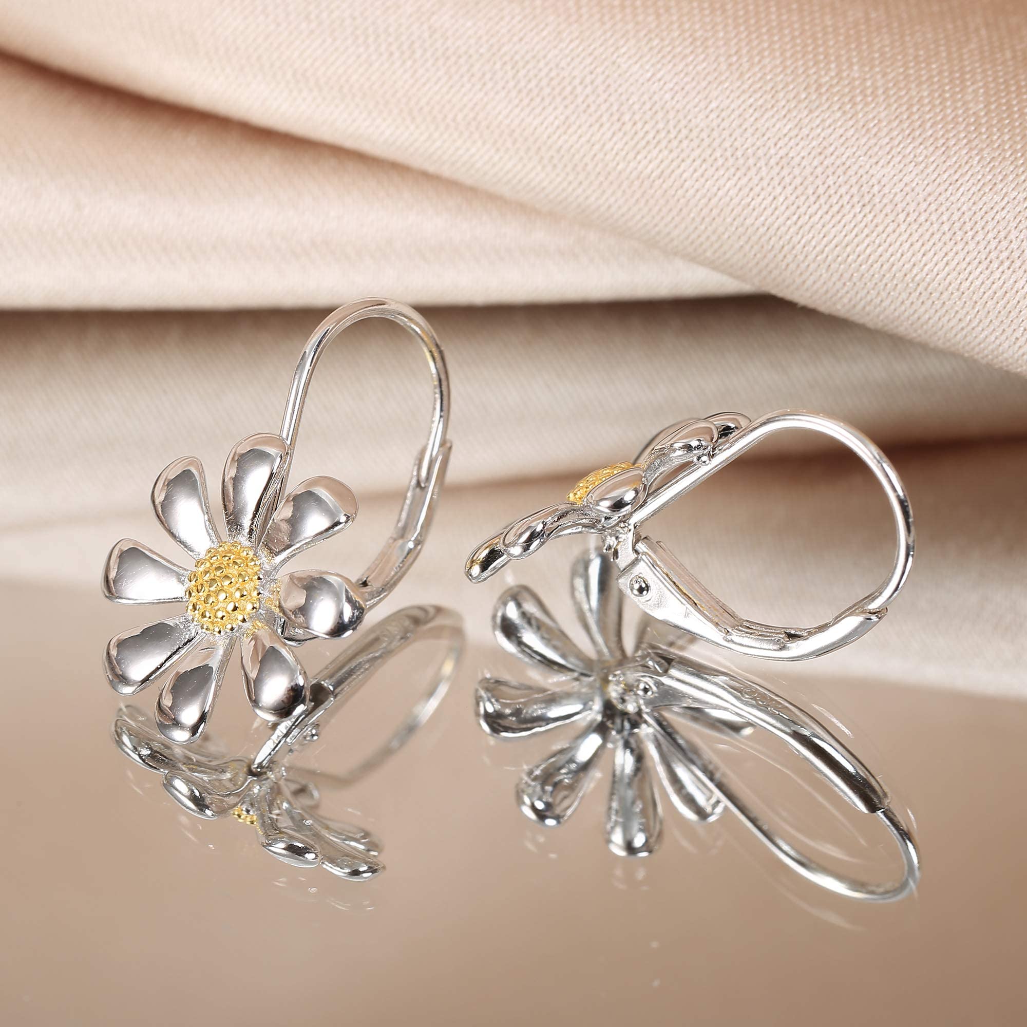 KRFY Daisy Earrings - 925 Sterling Silver Flower Dangle Earrings with 18K White Gold Plating, Elegant Leverback Drop Earrings for Women | Perfect for Weddings, Parties & Everyday Wear