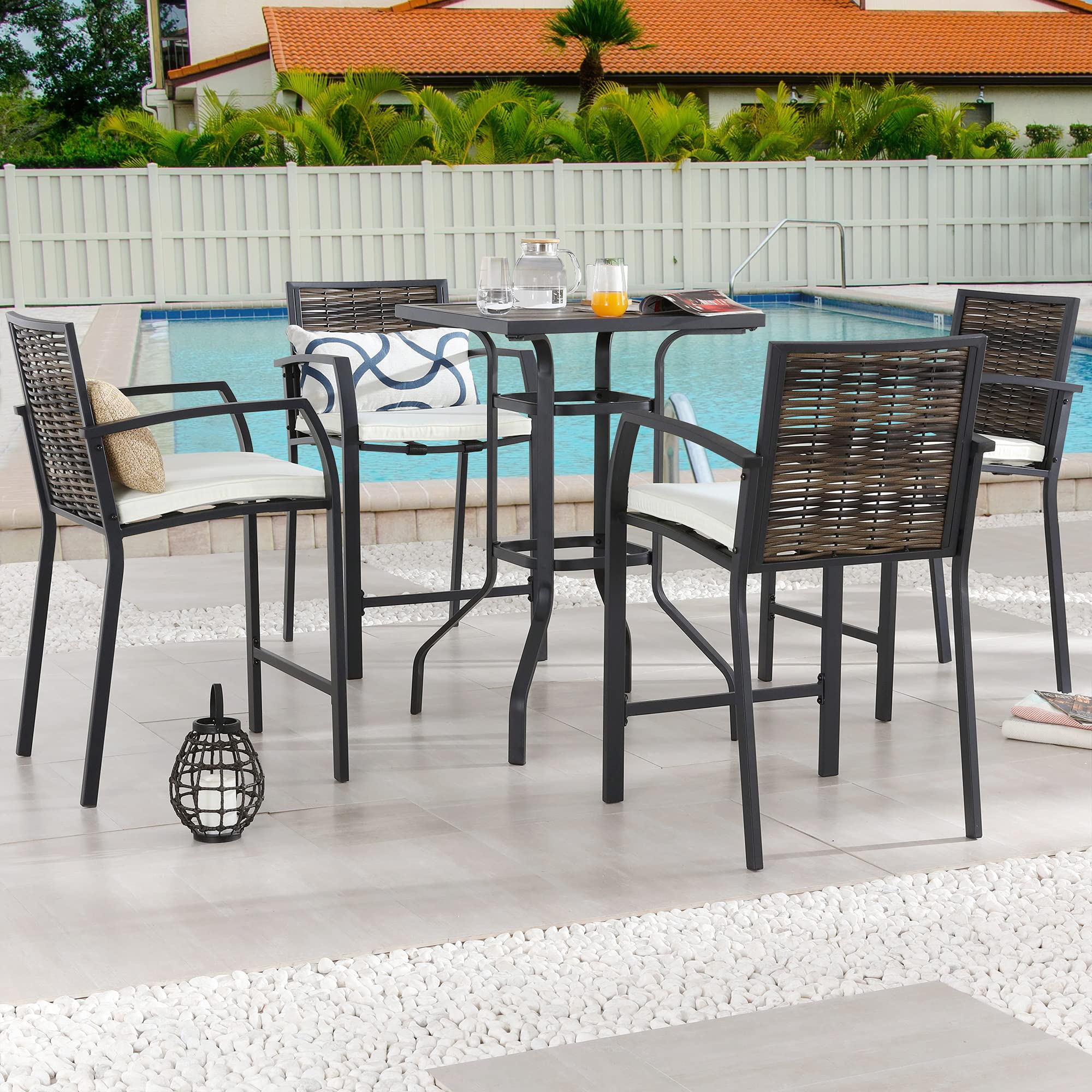 PatioFestival 4-Piece Outdoor Bar Stool Set - All-Weather Cushioned Metal Patio Chairs with Wicker Back (Brown) - Perfect for Backyard, Deck, Poolside & Outdoor Entertaining
