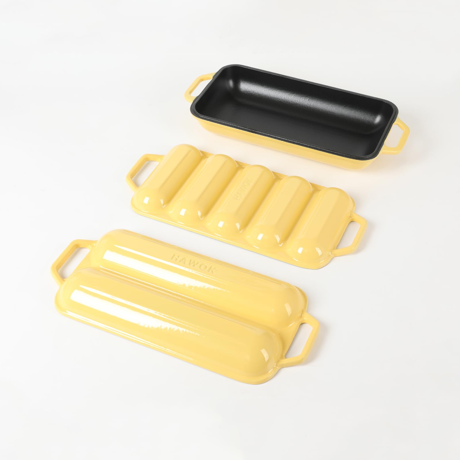 HAWOK Enameled Cast Iron French Baguette Baker Set - 2 Baking Trays, Lid, Transfer Boards & Baking Tools for Perfect Bread, Hot Dogs & Pastries | Ideal for Home Baking, Restaurants & Artisan Bread Making