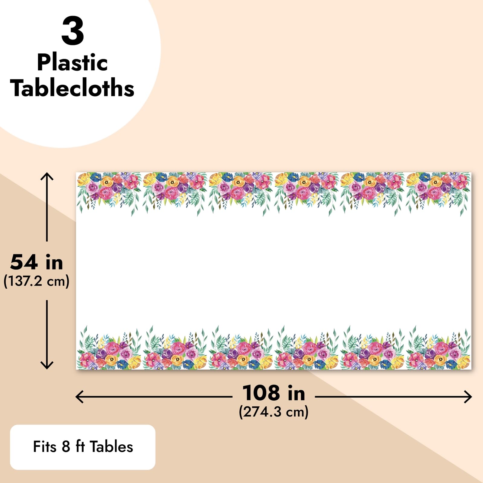 Sparkle and Bash 3 Pack Plastic Floral Tablecloth - 54 x 108 Inch Disposable Rectangle Table Cover for Weddings, Birthday Parties, Baby Showers & Tea Party Decorations - Waterproof & Easy Clean - Perfect for Indoor & Outdoor Events