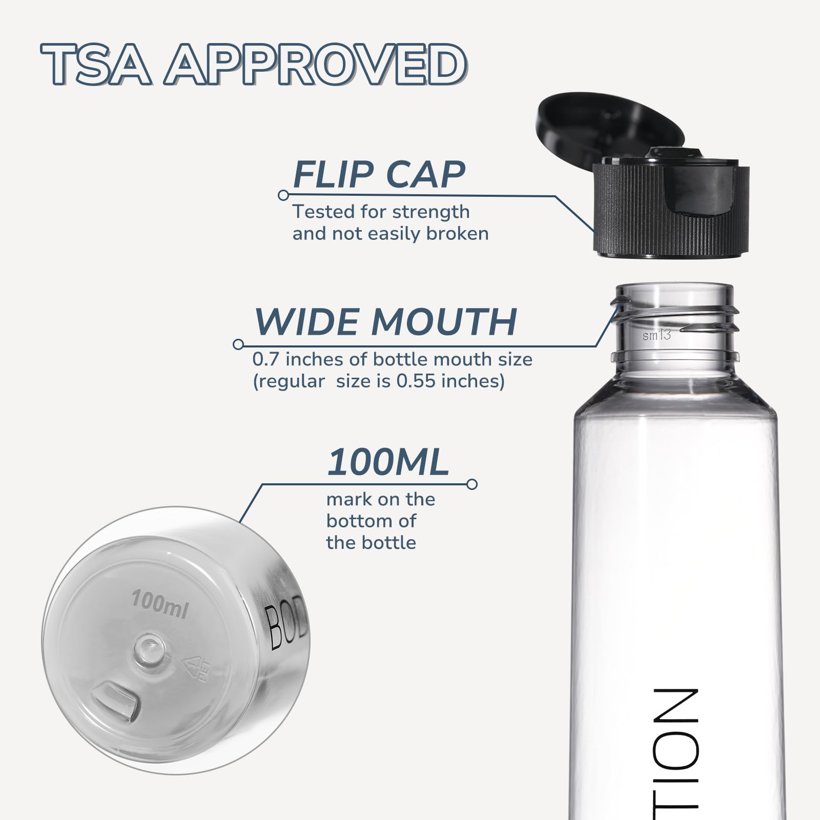 LISAPACK 3.4 oz (100ml) TSA Approved Travel Bottles Set - 6 Pack Clear Plastic Leak-Proof Toiletries Containers for Shampoo, Lotion & Cosmetics | Perfect for Air Travel, Gym & Vacation Essentials