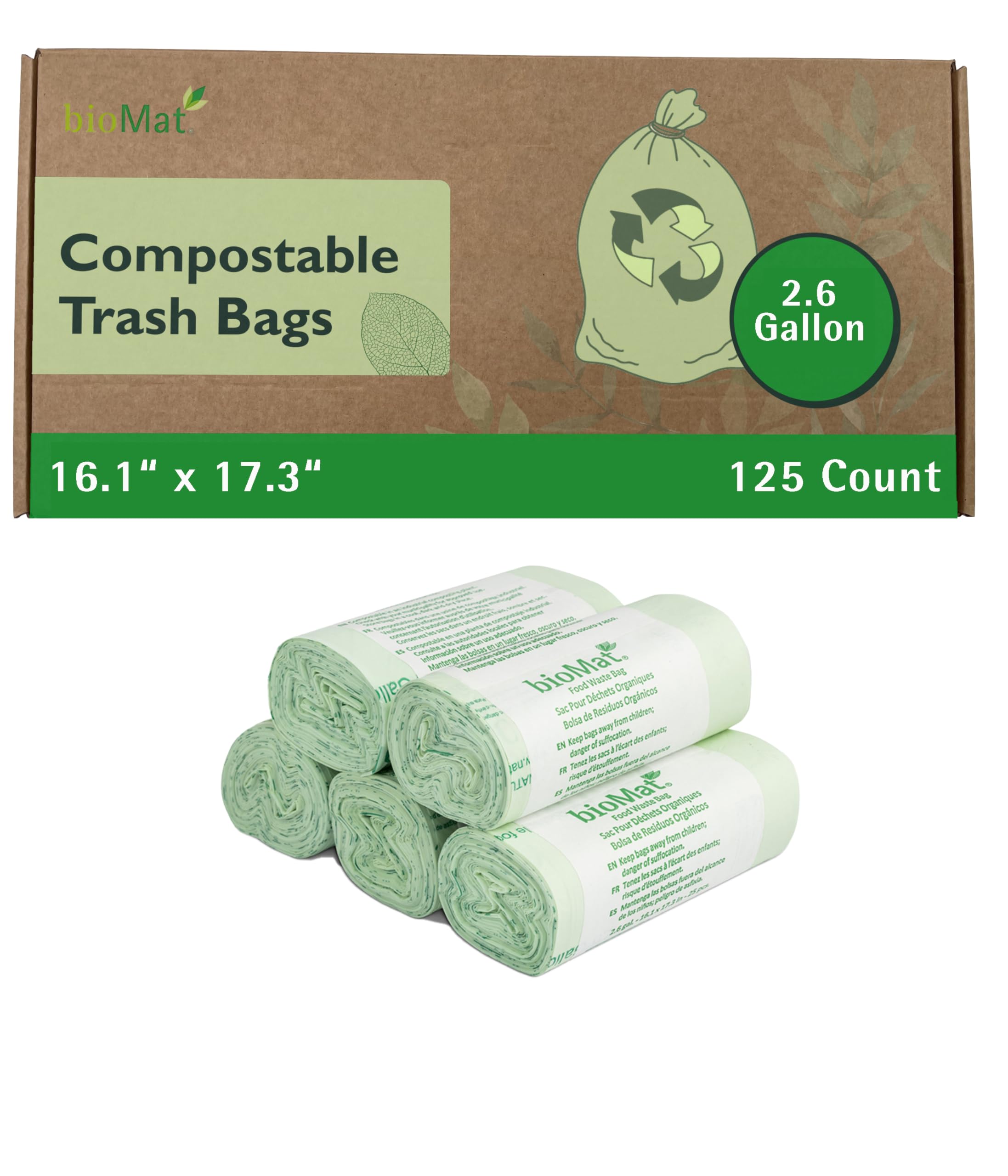 BioMat 2.6 Gallon Compostable Trash Bags - 125 Count, Tear Resistant & Leak Proof for Kitchen Countertop Bin - BPI & ASTM D6400 Certified Home Compostable Bags | Perfect for Food Scraps, Organic Waste & Eco-Friendly Kitchen Cleanup