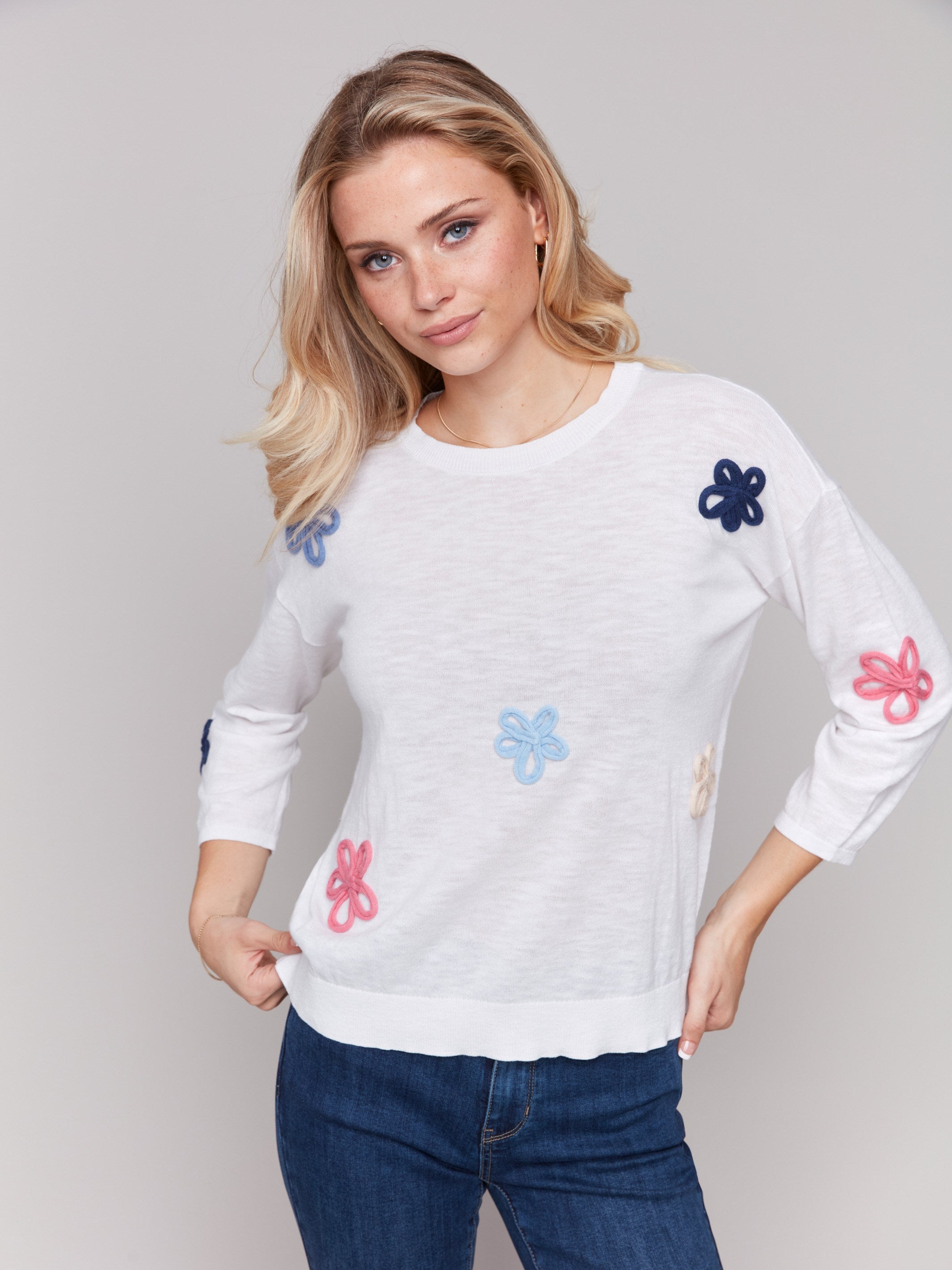 Women's Floral Embroidered Cotton Sweater - Soft & Comfortable Pullover for Casual Wear, Fall & Winter Fashion | White