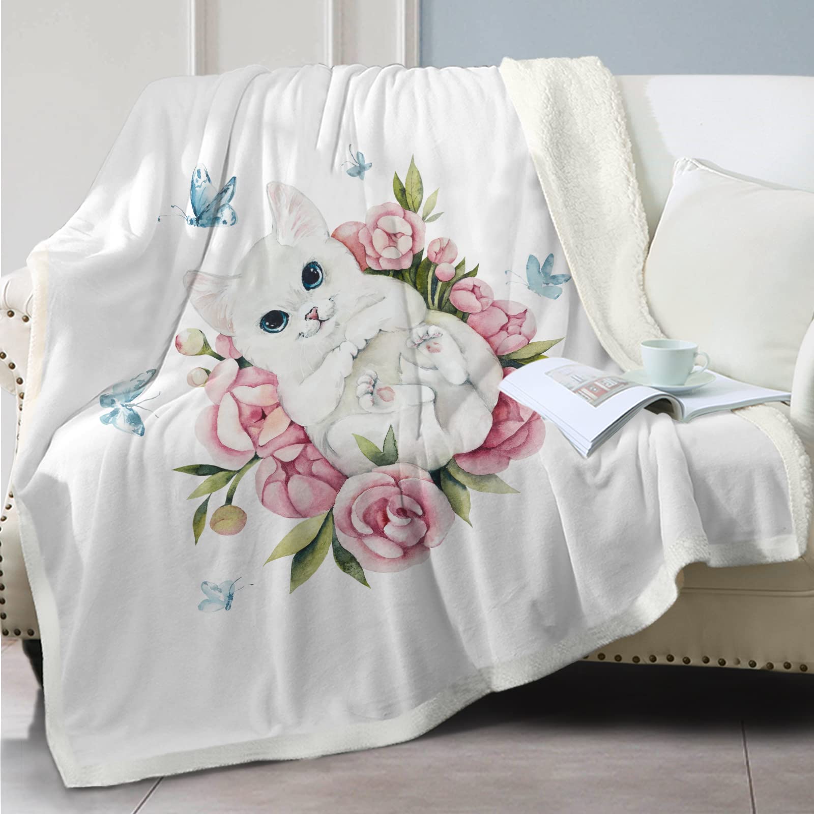 SOULZZZ White Cat Playing Butterfly in Flowers Sherpa Fleece Throw Blanket - Super Soft Fluffy Plush Cozy Lightweight Blanket for Adults, Kids & Teens - Perfect for Bed, Sofa, Couch, Travel and Gift Giving