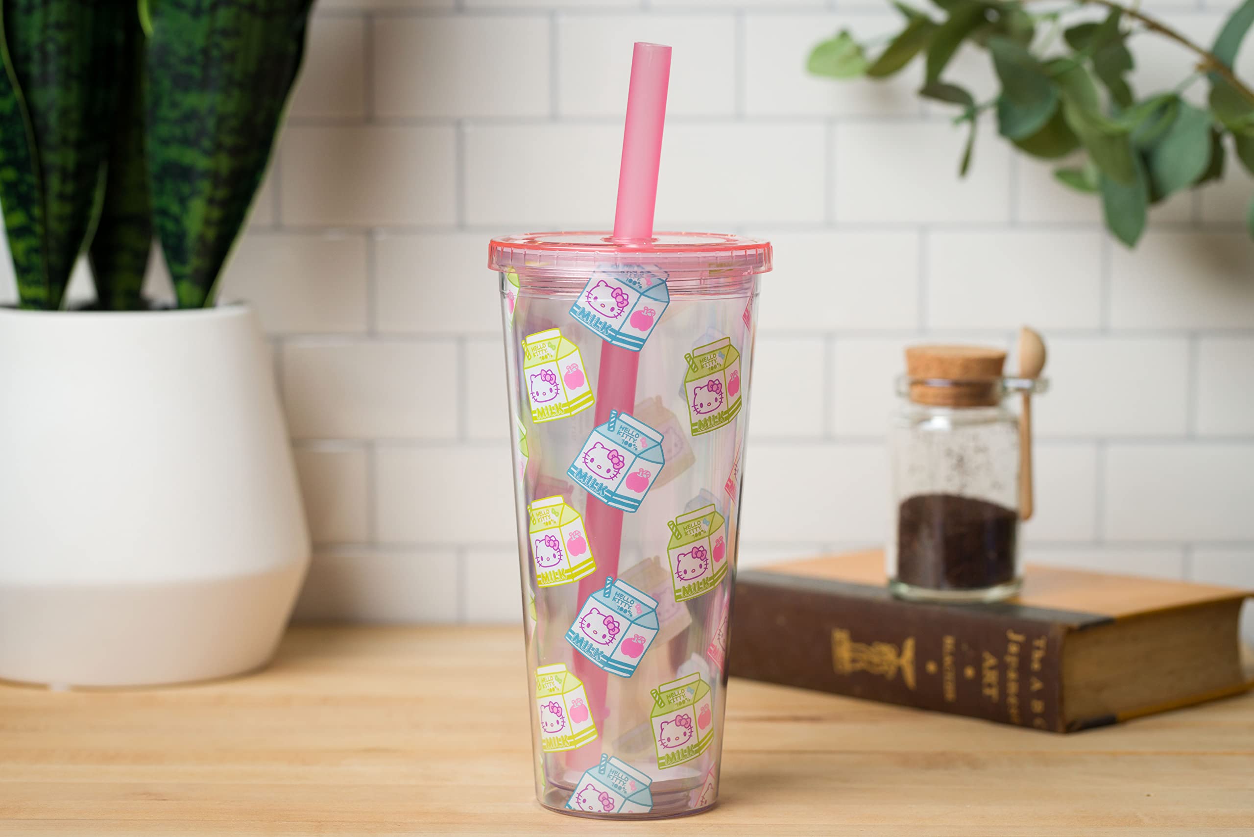 Sanrio Hello Kitty 24oz Plastic Boba Tumbler with Lid & Wide Straw - Cute Milk Carton Design for Bubble Tea, Iced Coffee & Summer Drinks | Kawaii Aesthetic Cup for School, Office & Travel