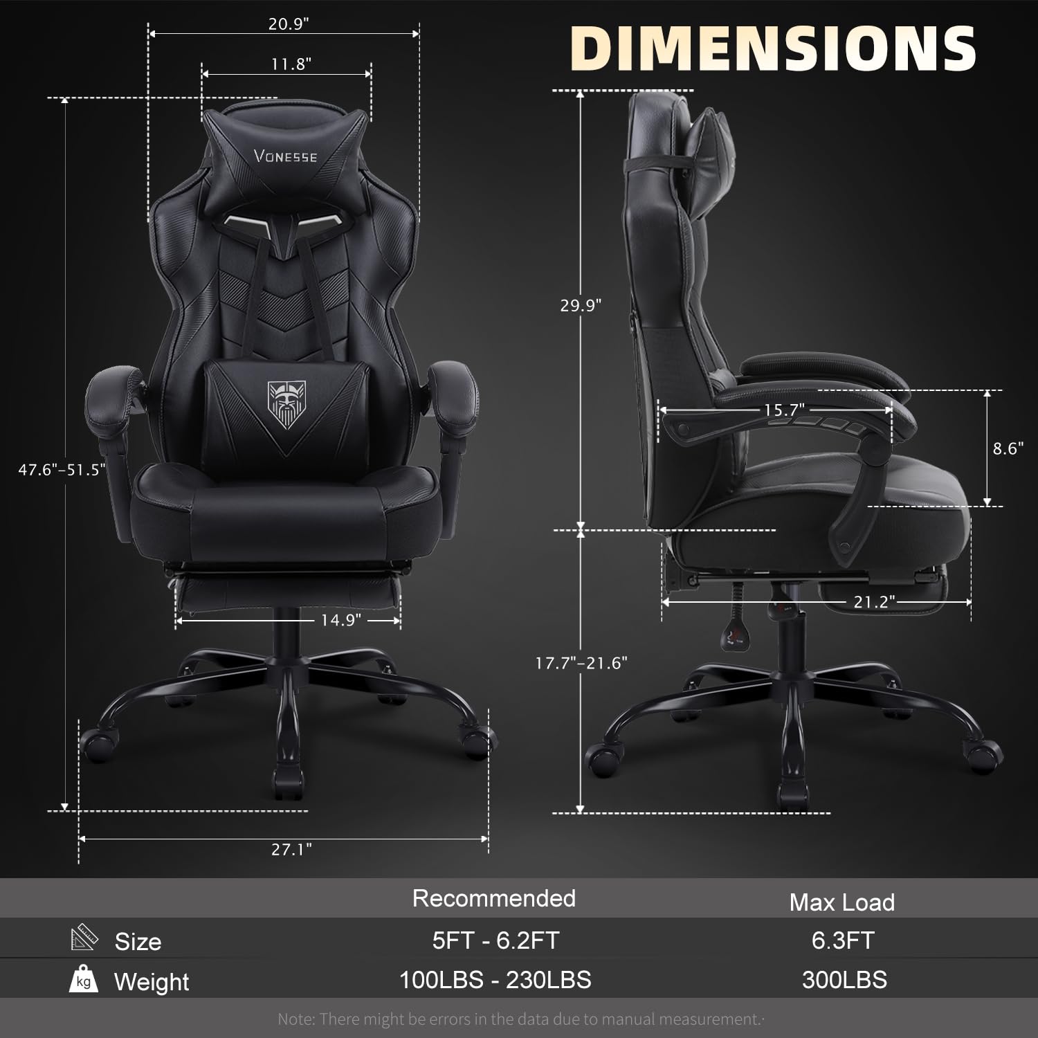 Vonesse Ergonomic Gaming Chair with Adjustable Footrest & Massage - High Back Reclining Computer Chair for Adults, Big and Tall - Black | Perfect for PC Gaming, Office Work & Home Entertainment
