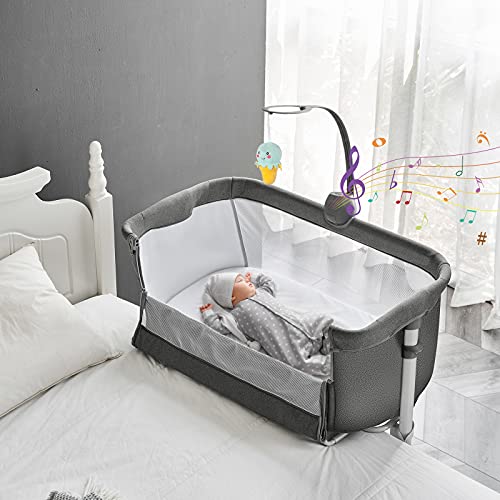 Yacul Baby Bassinet Bedside Sleeper with Music Box - Adjustable Portable Crib for Newborns & Infants (Dark Gray) | Easy Assembly, Bedside Co-Sleeper for Boys & Girls | Perfect for Nursery, Bedroom & Travel Use
