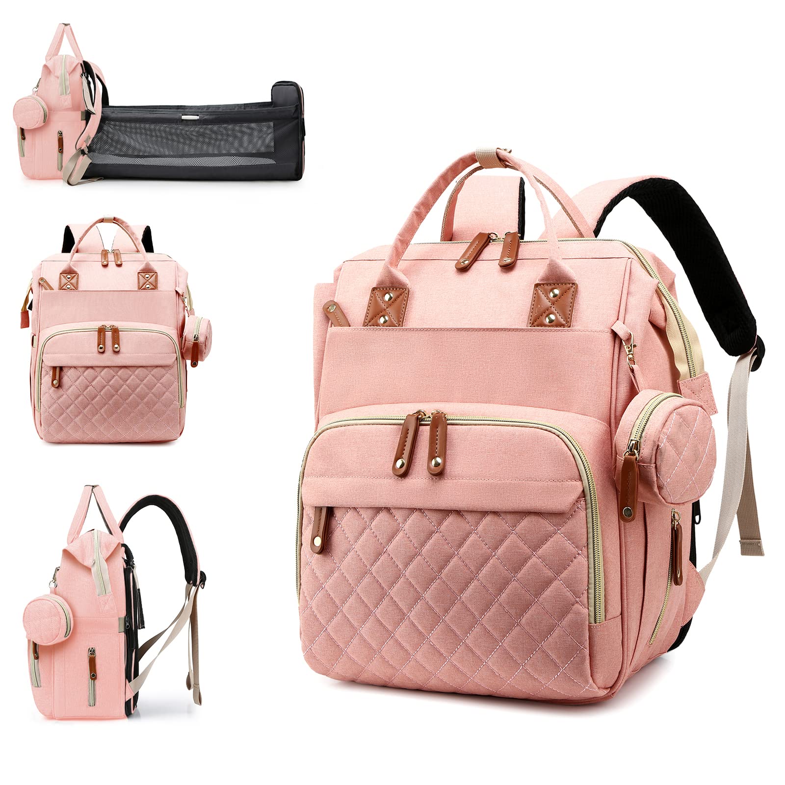**Waterproof 3-in-1 Diaper Backpack with Foldable Changing Pad – Large Travel Diaper Bag for Baby Boys & Girls (Peach Pink) – Perfect for Daycare, Travel & On-the-Go Parents**