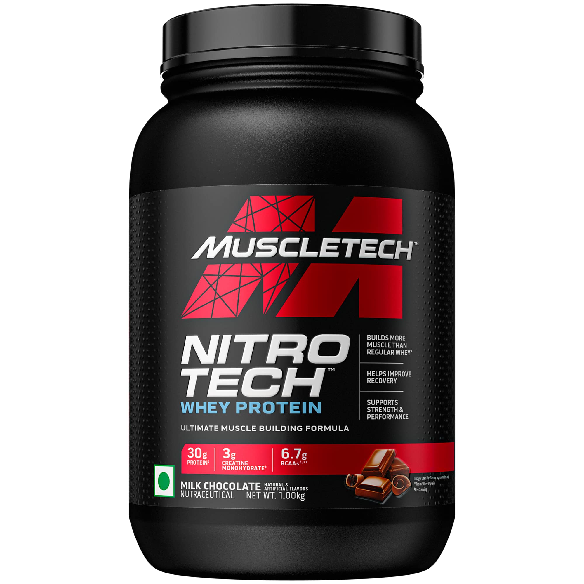 Nitro-Tech Whey Protein Isolate & Peptides Powder - MuscleTech Premium Protein + Creatine Supplement for Muscle Growth & Recovery - Best for Men & Women Athletes - Chocolate Flavor 2.2lb (1 Pack) - Ideal for Post-Workout, Weight Training & Fitness Nutrition