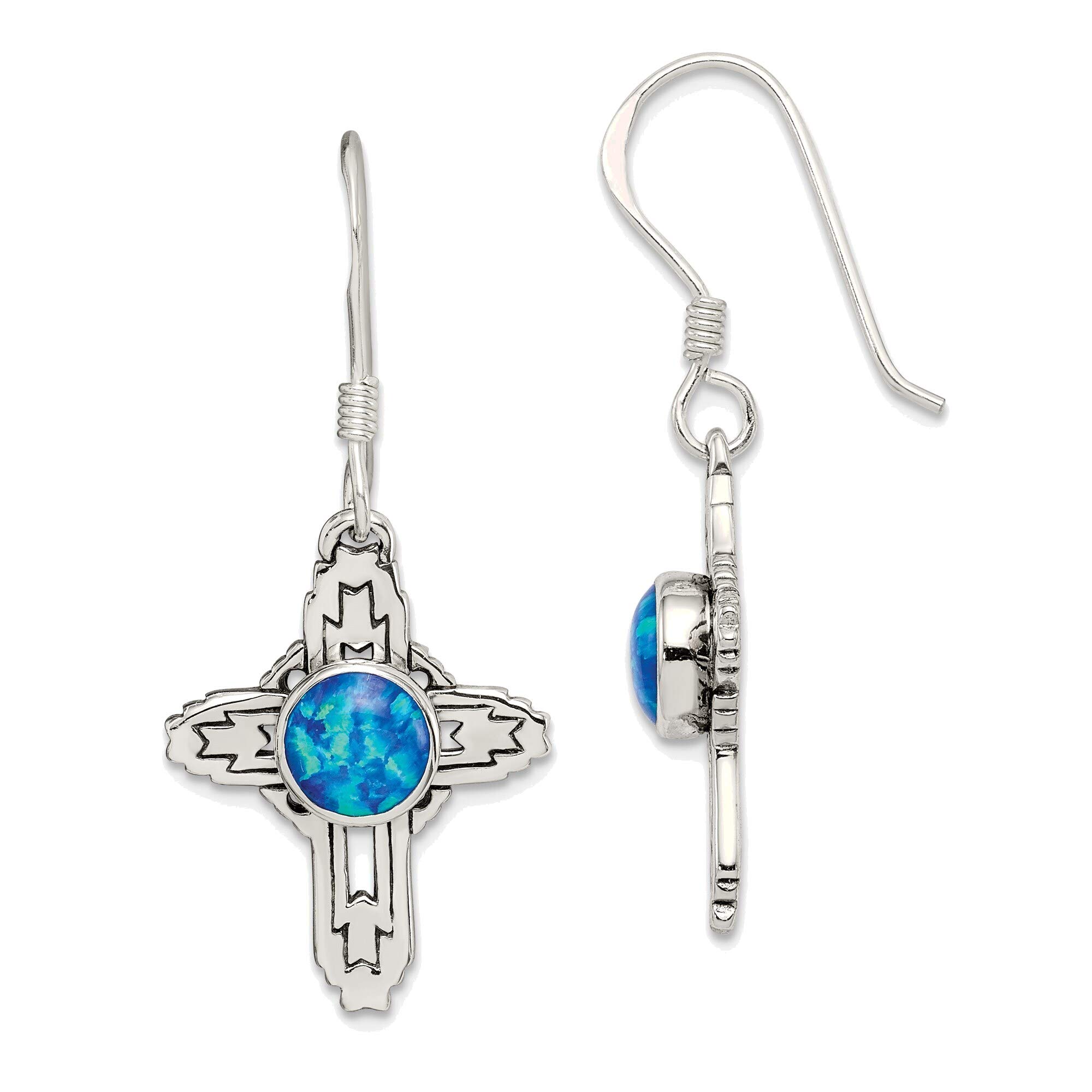 Antique Style Solid Sterling Silver Created Opal Cross Earrings for Women - Elegant Dangle Drop Earrings for Church, Wedding & Everyday Wear