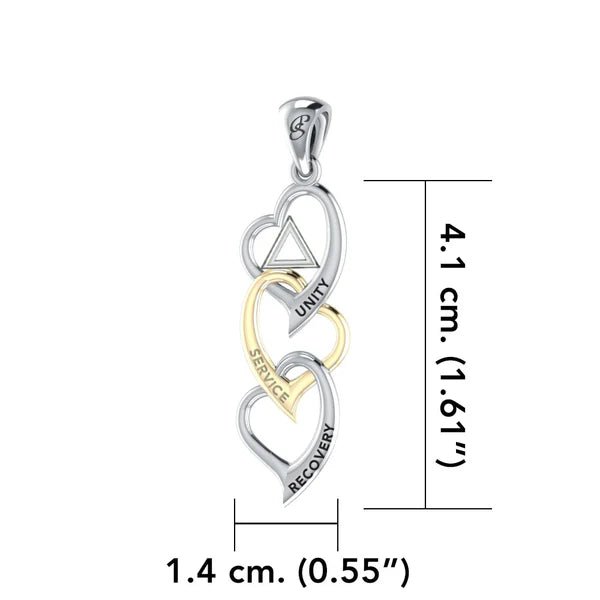 Sterling Silver Triple Heart AA Recovery Pendant with 14K Gold Accents & 18
