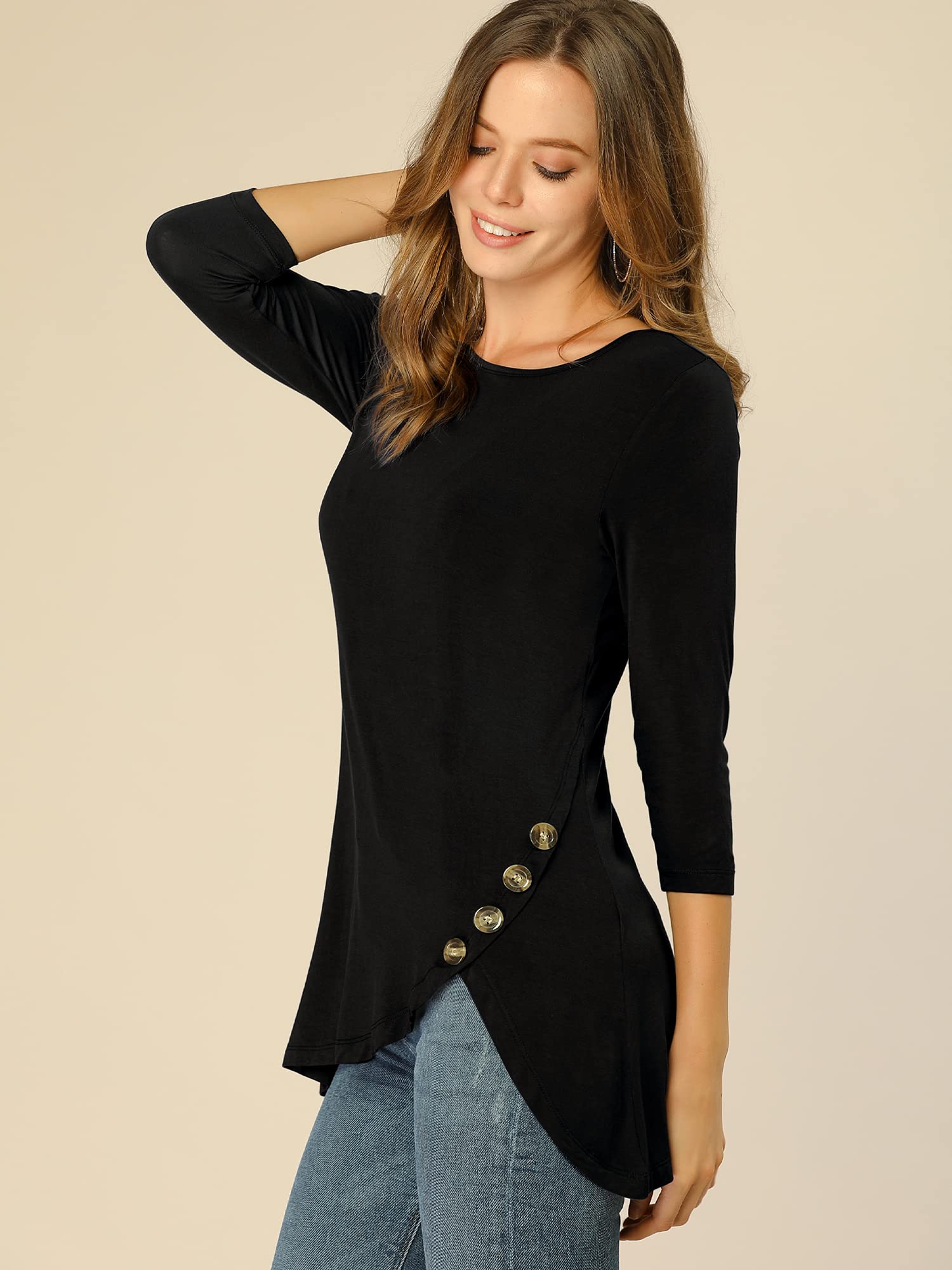 Allegra K Women's Loose Fit Asymmetrical Hem Tunic T-Shirt - 3/4 Sleeve Round Neck Casual Basic Top for Spring 2025 | Perfect for Layering, Office Wear & Weekend Outfits