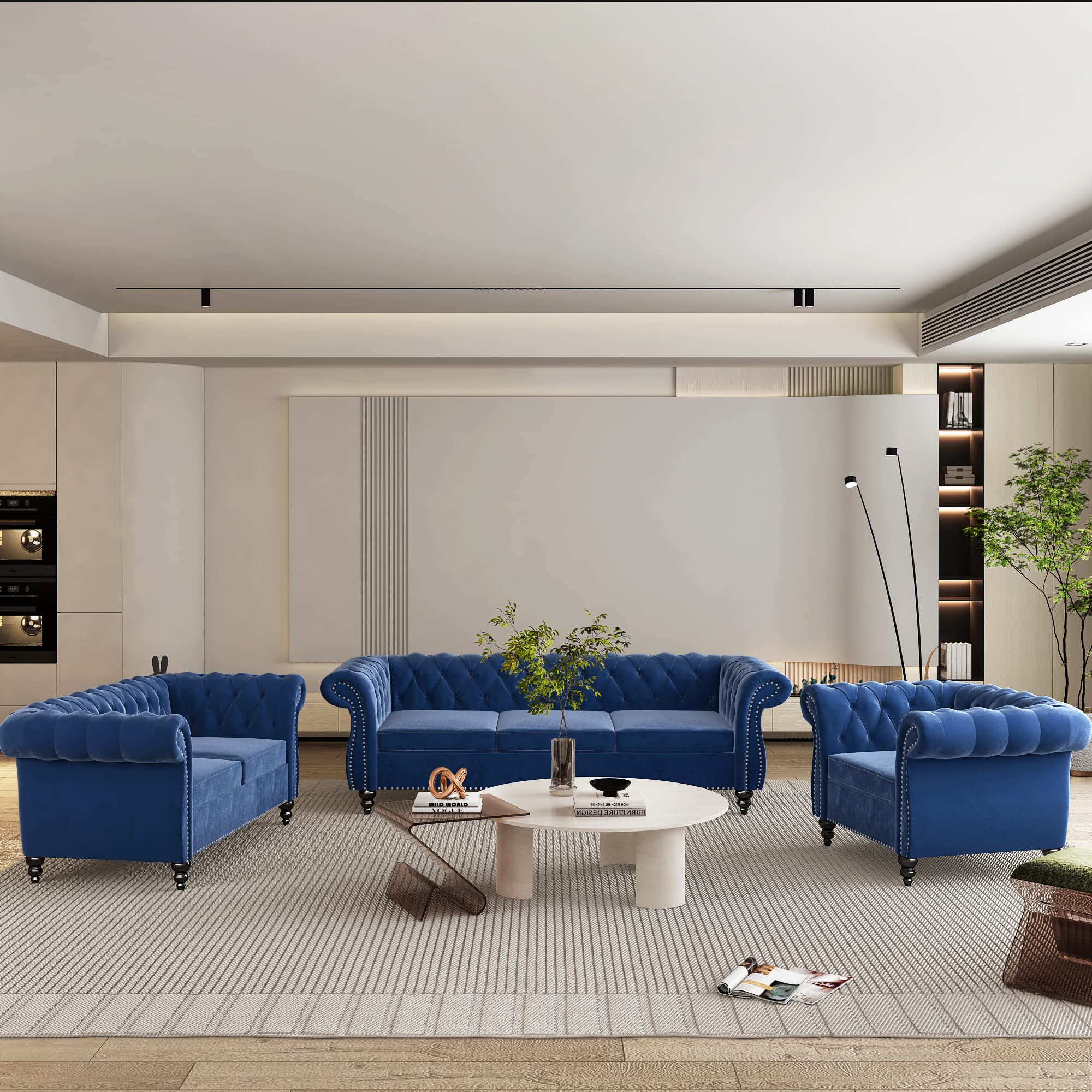 3 Piece Living Room Set - Chesterfield Velvet Sofa, Loveseat & Chair with Scroll Arms & Nailhead Trim - Blue Velvet Upholstery for Home, Office & Lounge (1-2-3 Seating Set) - Perfect for Living Rooms, Home Theaters & Luxury Apartments