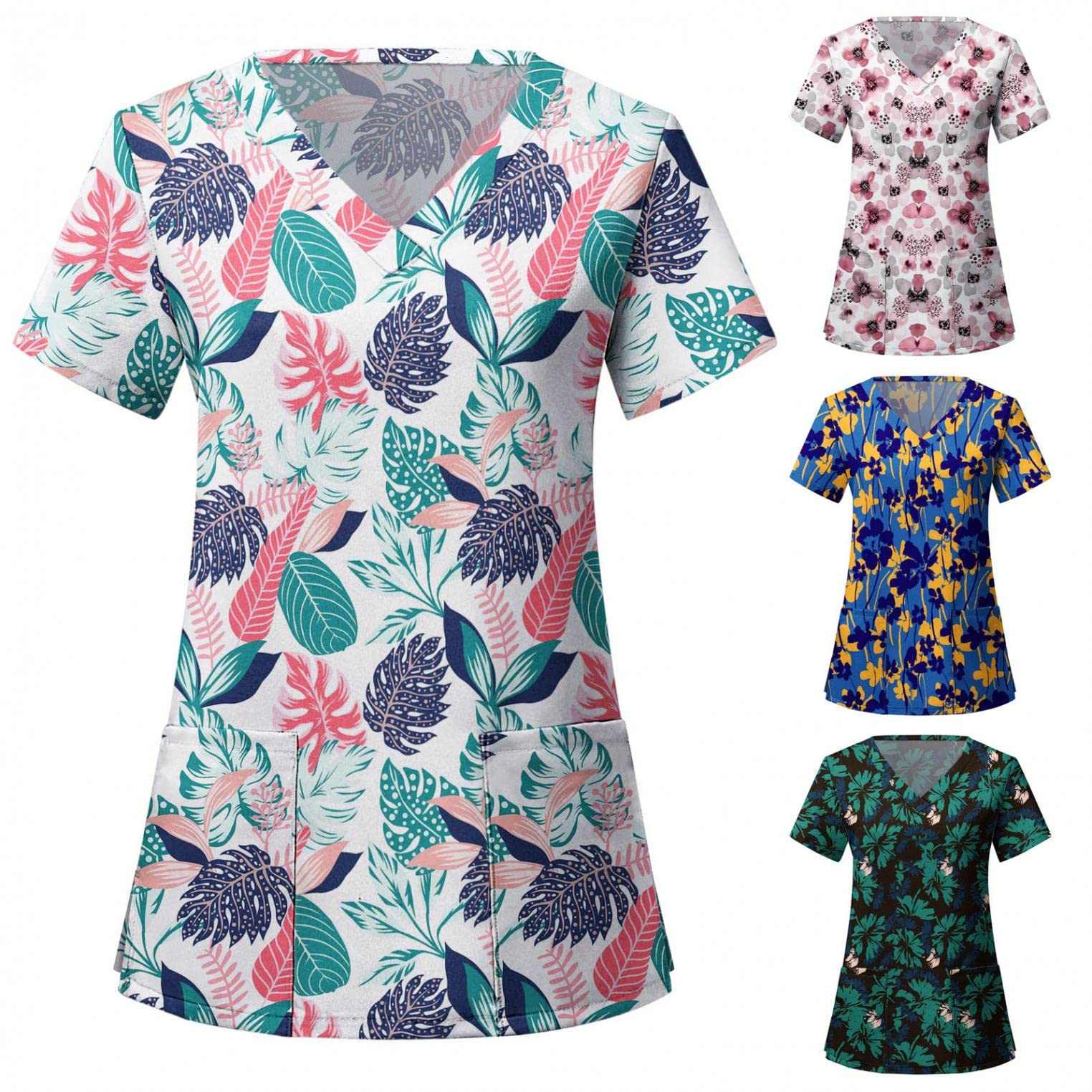 Women's Short Sleeve V-Neck T-Shirts with Pocket - Leaf Print Nursing Uniform Top for Work & Casual Wear | Comfortable Blouse for Nurses, Medical Professionals & Everyday Use