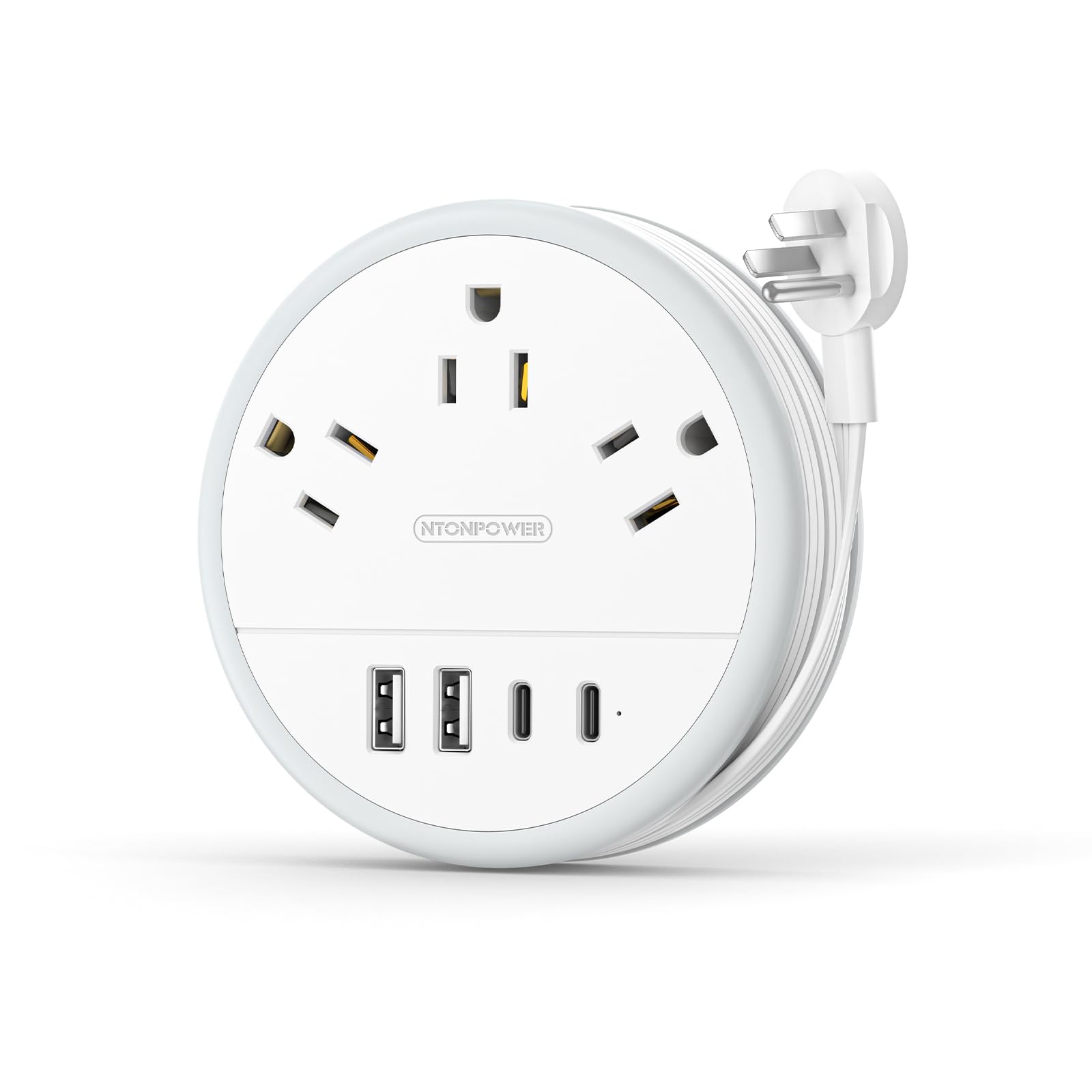 NTONPOWER Travel Power Strip with 3 Outlets & 4 USB Ports (2 USB-C) - 4FT Flat Extension Cord for Cruise, Hotel, Office - Portable Charging Station for Phones, Laptops, Tablets - White Travel Essentials