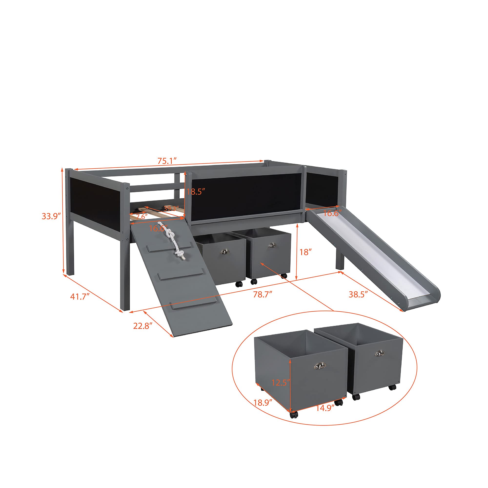 **Twin Loft Bed with Slide for Kids & Toddlers - Wooden Low Loft Bed with Open Storage Boxes, Climbing Frame & Chalkboard - Multi-Functional Kids Bedroom Furniture (Gray) - Perfect for Small Spaces, Playrooms & Sleepovers**