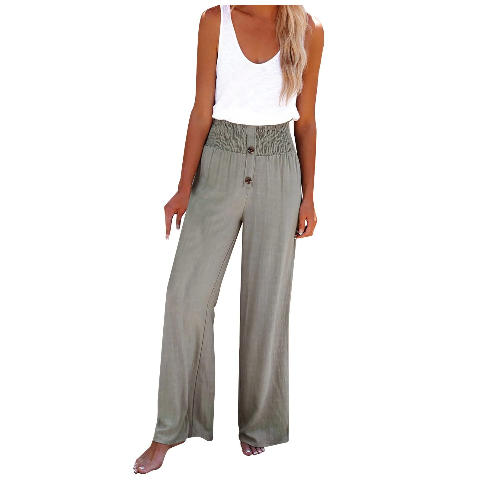 Women's High Waist Wide Leg Palazzo Pants - Soft Cotton Linen Blend, Elastic Smocked Waist, Side Pockets - Perfect for Yoga, Work & Casual Wear