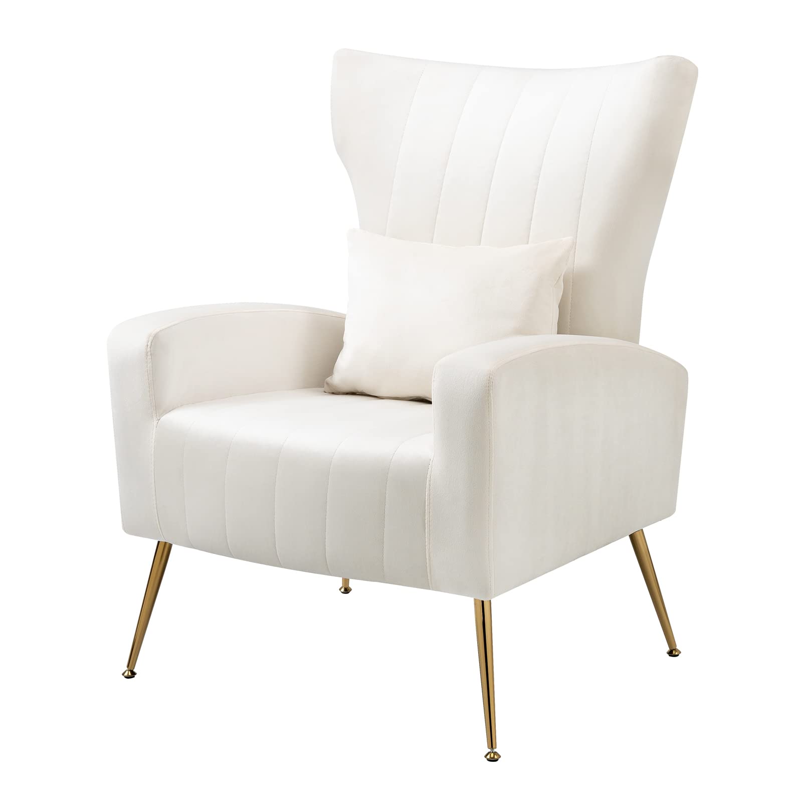 Modern Velvet Accent Chairs Set of 2 - High Back Armchairs with Lumbar Pillow & Gold Metal Legs - Living Room, Bedroom, Office Lounge Seating - White Luxury Upholstered Chairs for Home Decor