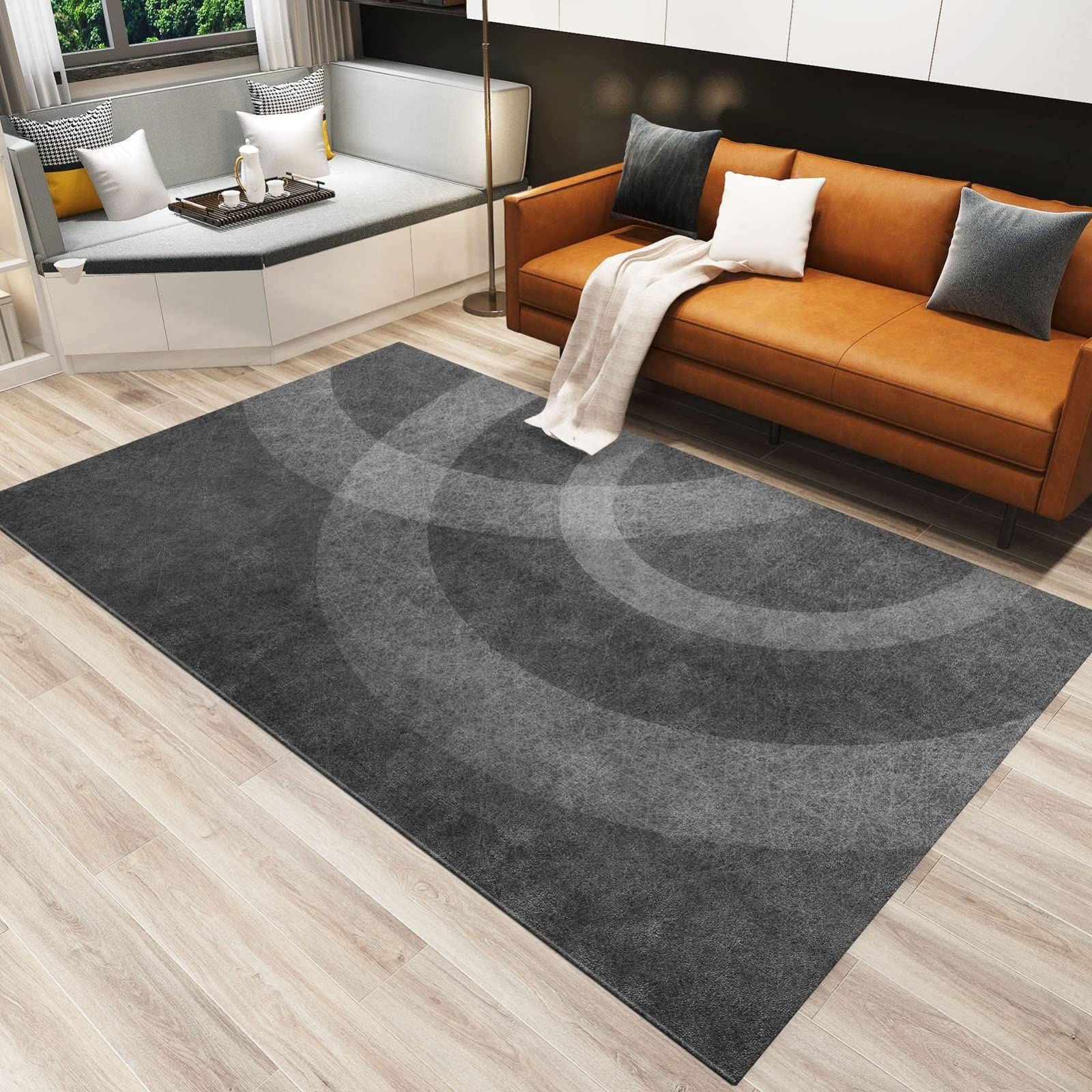 Modern Wavy Circles Abstract Area Rug - Soft Washable Black & Grey Carpet for Nursery, Bedroom, Living Room - 6.6' x 5.3' - Perfect for Kids Room Decor & Cozy Home Flooring