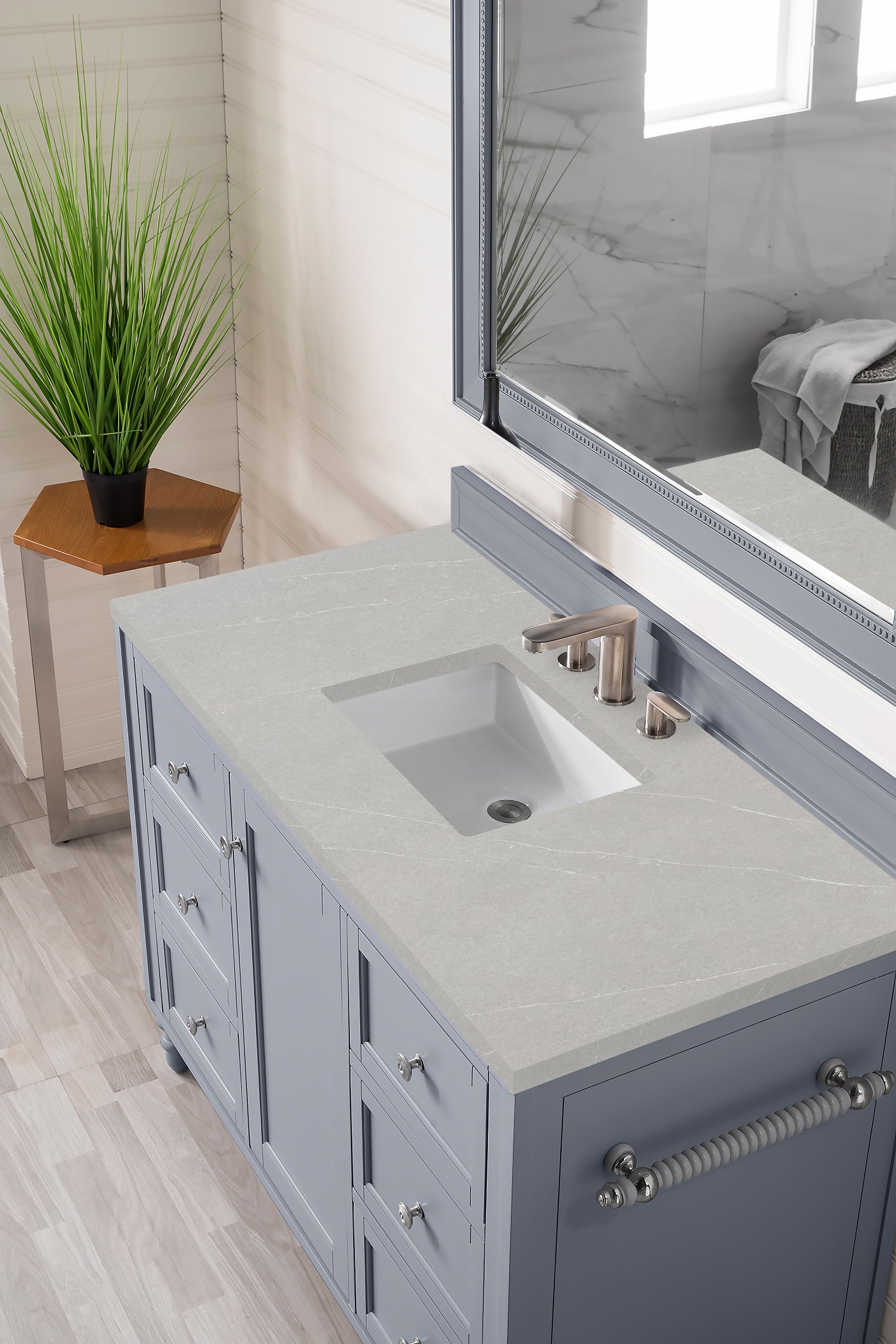 Copper Cove Encore 48 Inch Single Bathroom Vanity with 3CM Eternal Serena Quartz Top in Silver Gray - Perfect for Modern Master Bathrooms and Powder Rooms