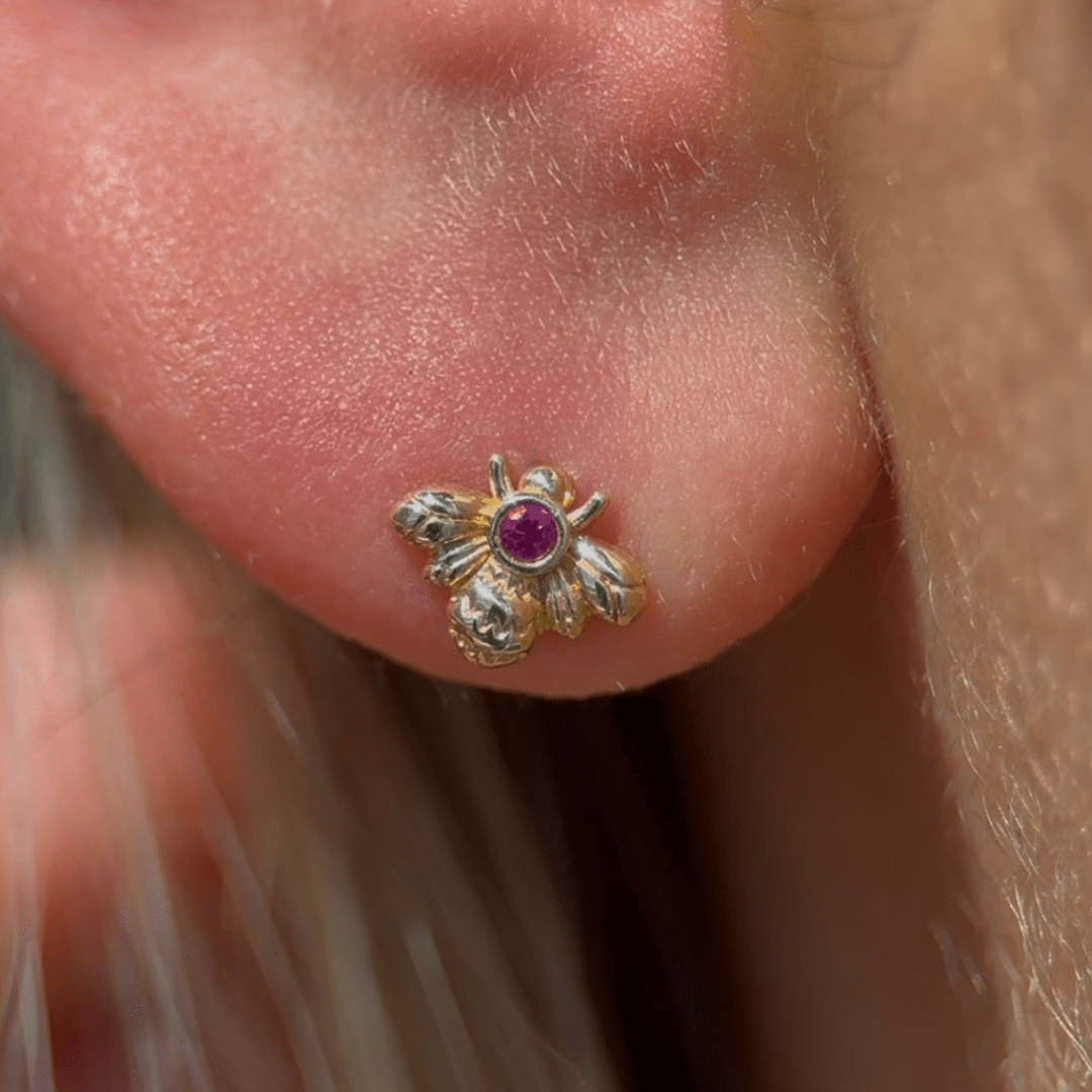 14K Yellow Gold Pink Ruby Bee Stud Earrings - Dainty Floral Jewelry for Women, Perfect for Everyday Wear, Gifts & Special Occasions
