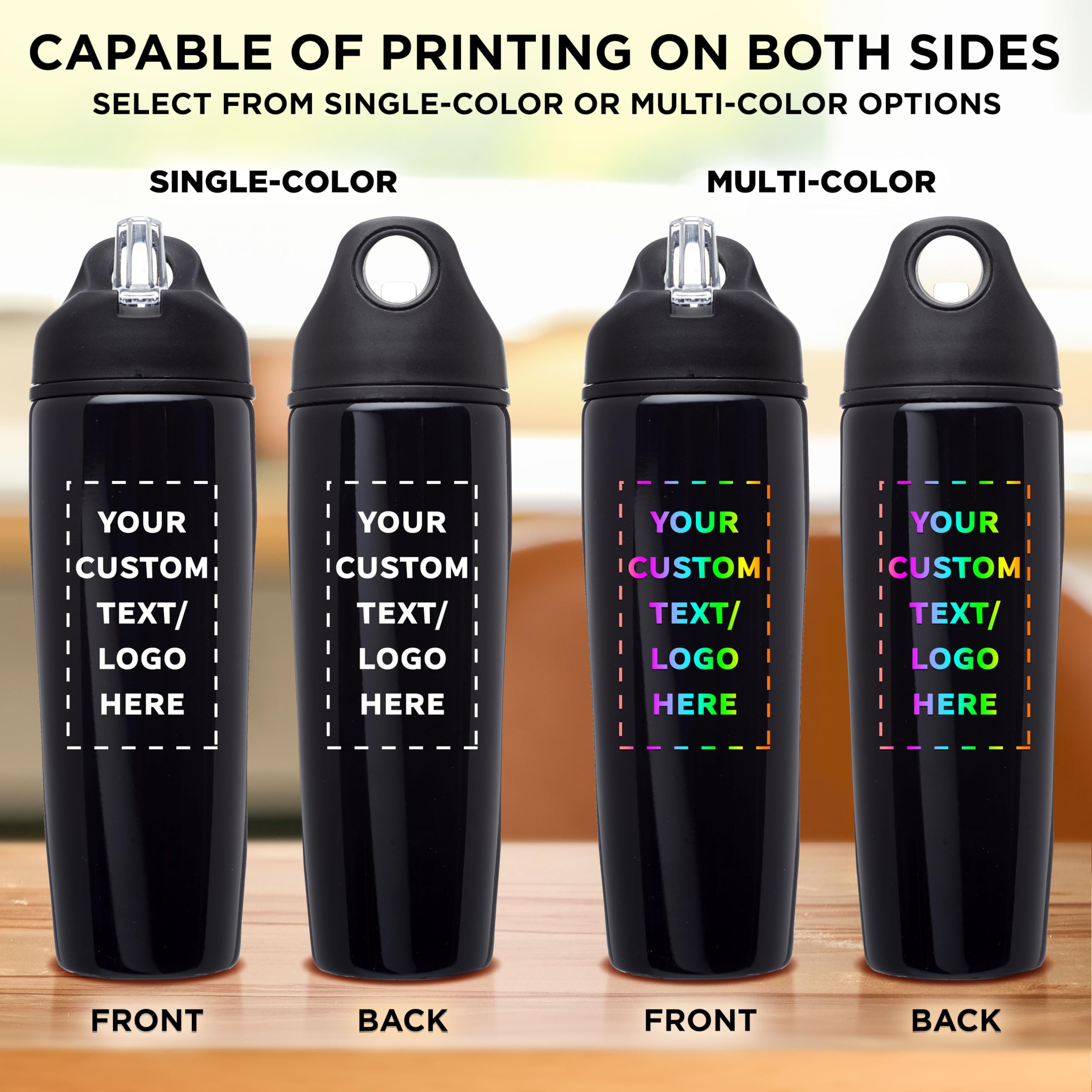 Custom Stainless Steel Water Bottle 24 Pack - Personalized Text & Logo - 28.5oz Metal Sports Bottles with Flip Top Lid - Easy Carry Handle - Black - Perfect for Team Sports, Gym, Outdoor Activities & Corporate Gifts