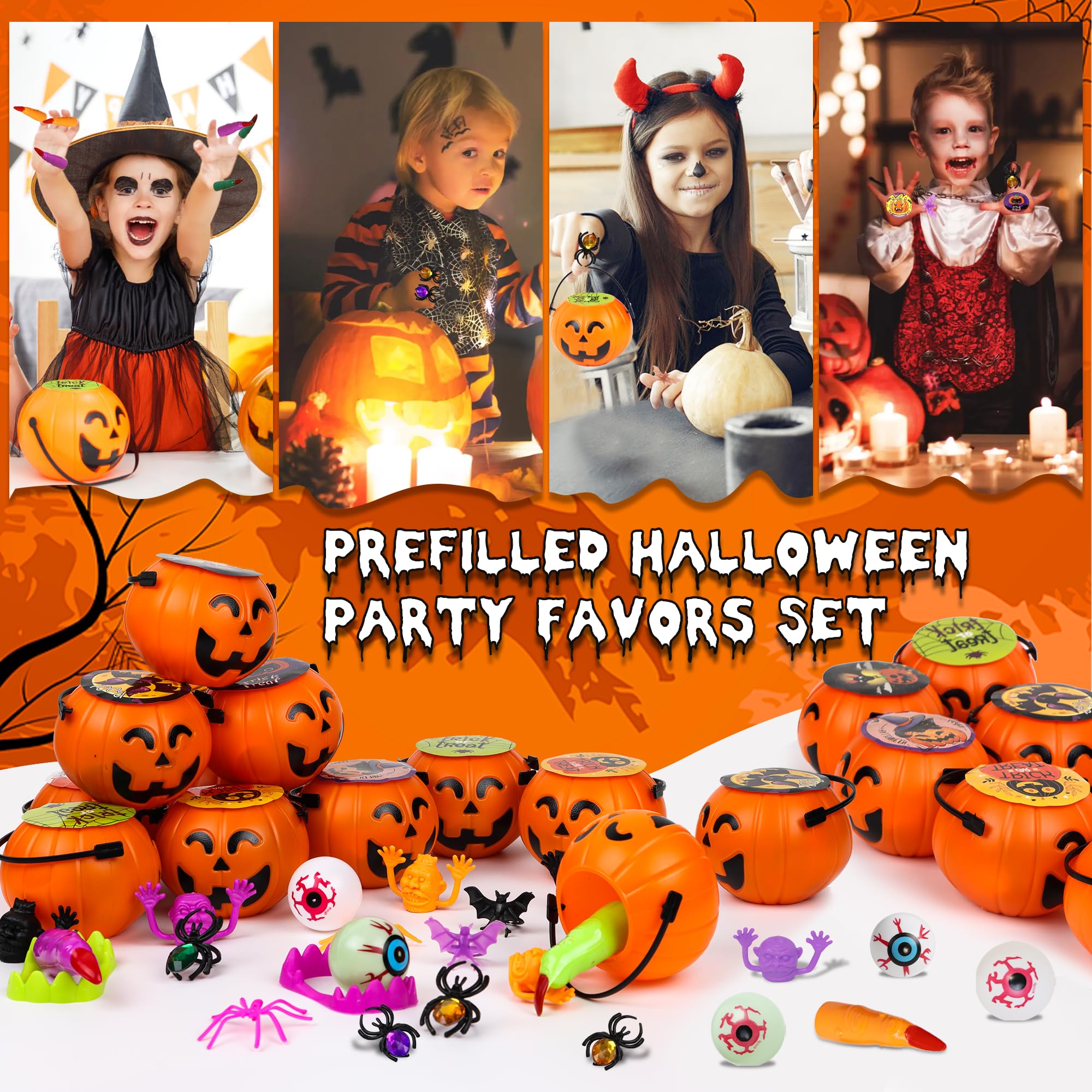 144 Pcs Halloween Party Favors for Kids - 18 Pack Prefilled Mini Pumpkin Toy Boxes Bulk Halloween Prizes, Trick or Treat Gifts, Classroom Rewards & Party Supplies for Halloween Festivities