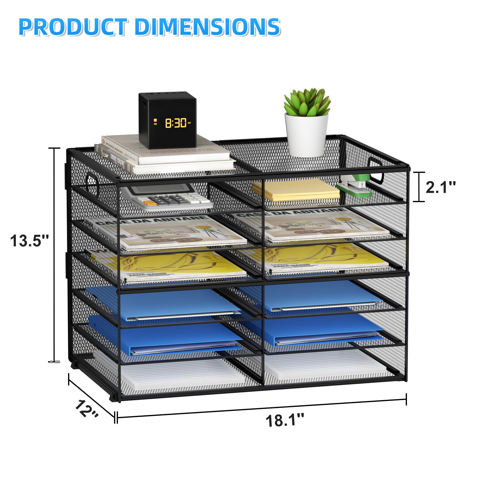 Lavatino 12 Compartment Mesh Desk Organizer - Black Paper & Mail Sorter Tray with Handle for Office, Classroom, or Home - Perfect for Organizing Documents, Letters, and Office Supplies on Your Desk