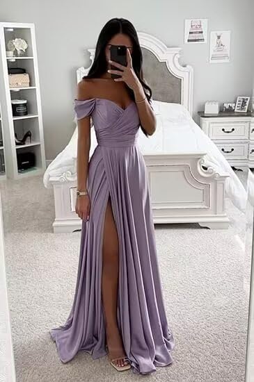Elegant Off-the-Shoulder Satin Bridesmaid Dresses - Long Formal A-Line Evening Gowns with Ruched Detail for Women | Perfect for Weddings, Proms & Special Occasions
