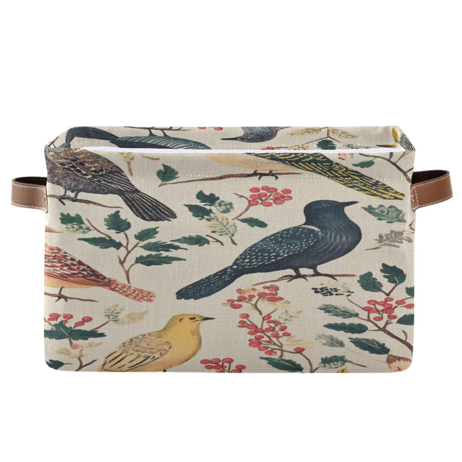 Large Fabric Storage Bins with Handles - Vintage Birds Collapsible Baskets for Clothes, Toys & Home Organization
