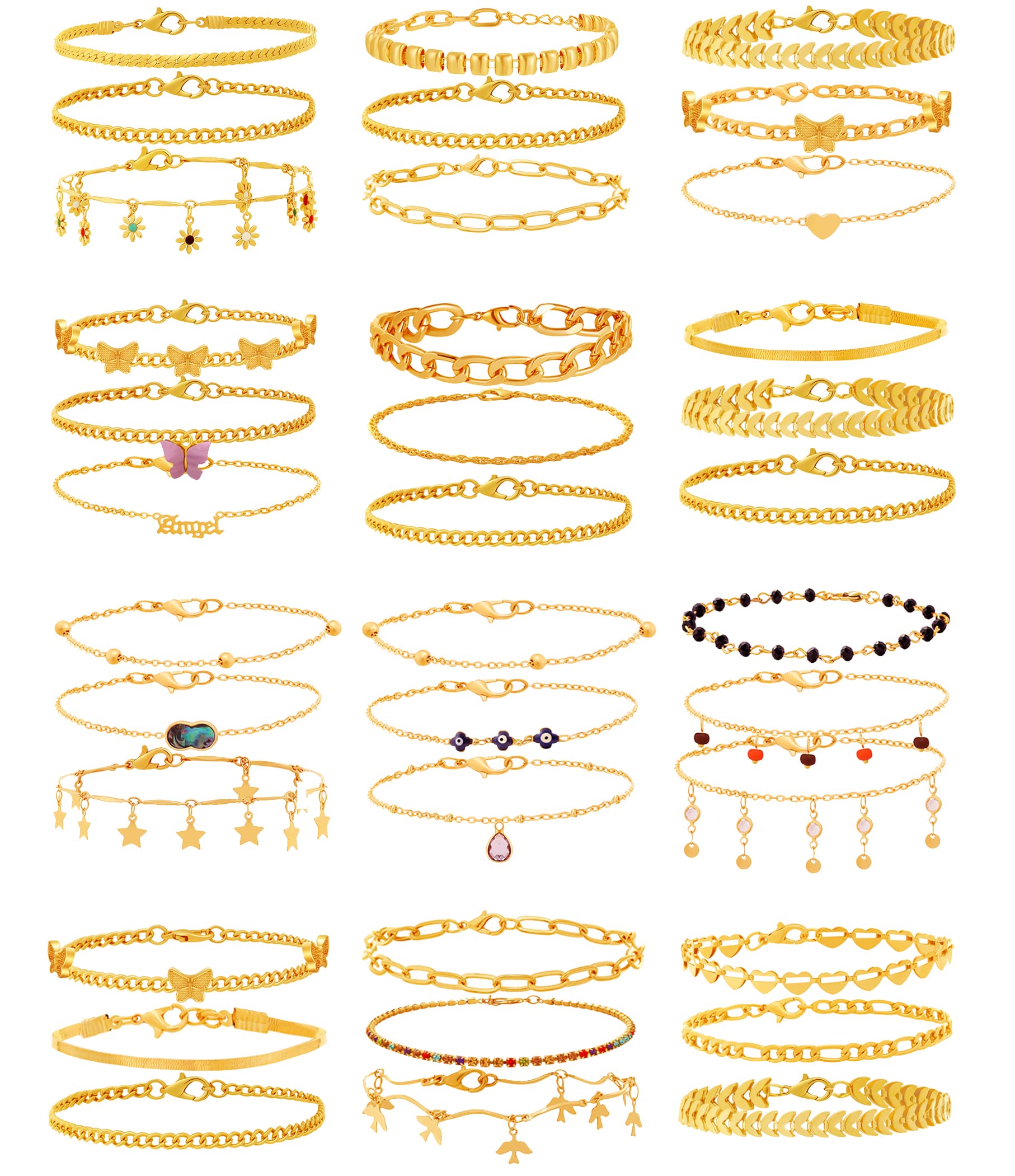 36Pcs Gold Anklet Bracelets for Women - Adjustable Butterfly Rhinestone Cuban Link Ankle Chains | Summer Beach Jewelry for Girls, Layered Foot Accessories | Perfect for Vacations, Parties & Boho Fashion