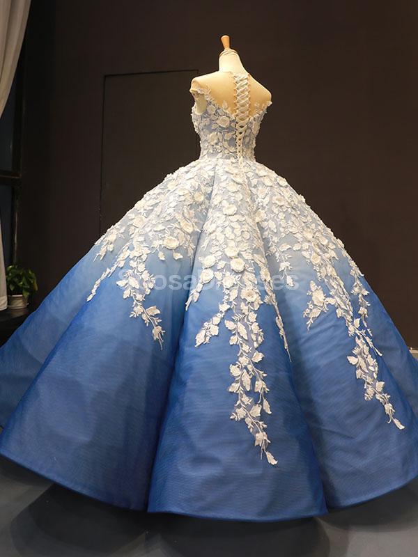 Elegant Ombre Blue Ball Gown Prom Dress with Jewel Neckline - Perfect for Evening Parties, Prom Nights & Formal Events | Style 12254