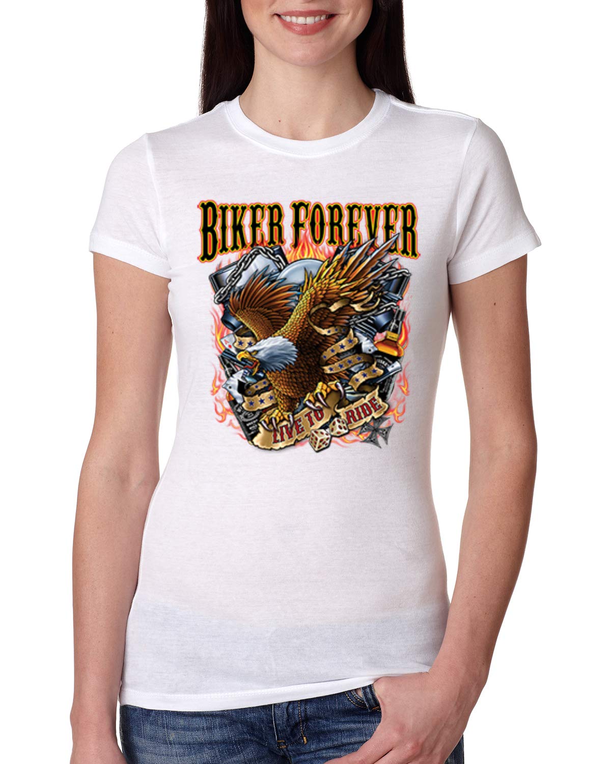 American Eagle Women's Slim Fit Junior Tee - Biker Forever Live to Ride Design for Cars & Trucks | Casual Wear, Motorcycle Enthusiast Gift, Road Trip Outfit