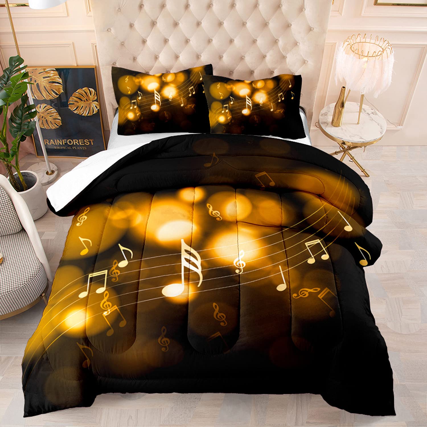GELRAMOE Full Size Music Note Comforter Set - Brown Musical Staff Quilt Duvet Cover with 2 Pillowcases for Women, Girls & Kids | Perfect for Music Lovers' Bedroom Decor, Gift for Musicians, Dorm Room Essentials