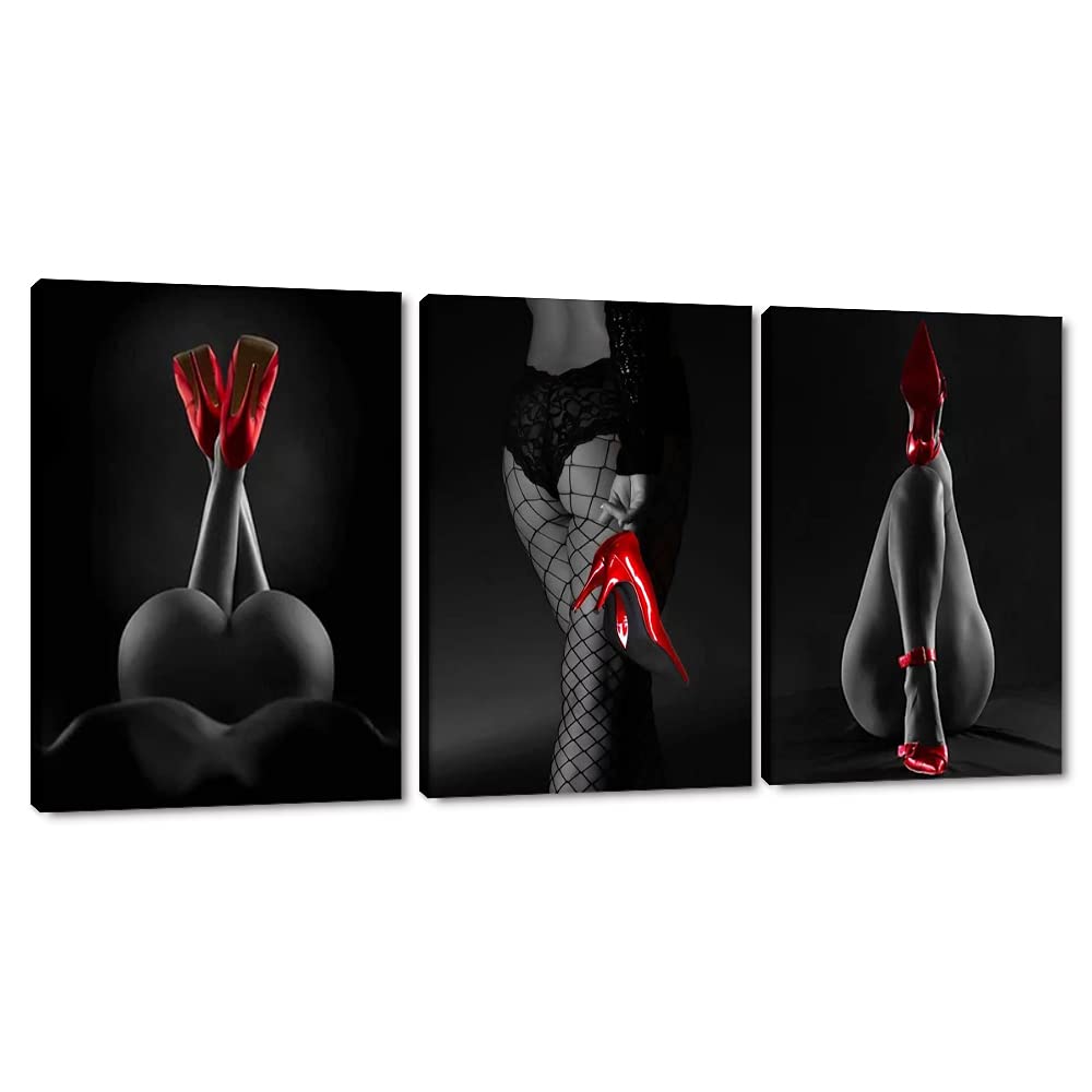 Modern 3-Piece Fashion Oil Painting Set - HD Canvas Wall Art with Sexy Lady Portrait, Black Mesh Socks & Red High Heels - Stretched & Framed Gallery Wrap (60''W x 28''H) - Perfect for Living Room, Bedroom & Office Decor