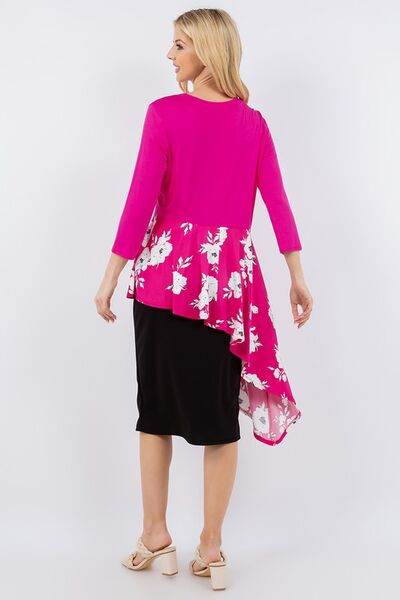 Celeste Floral Print Asymmetrical Hem Round Neck Blouse - Plus Size Women's Tops for Casual Wear & Summer Outfits