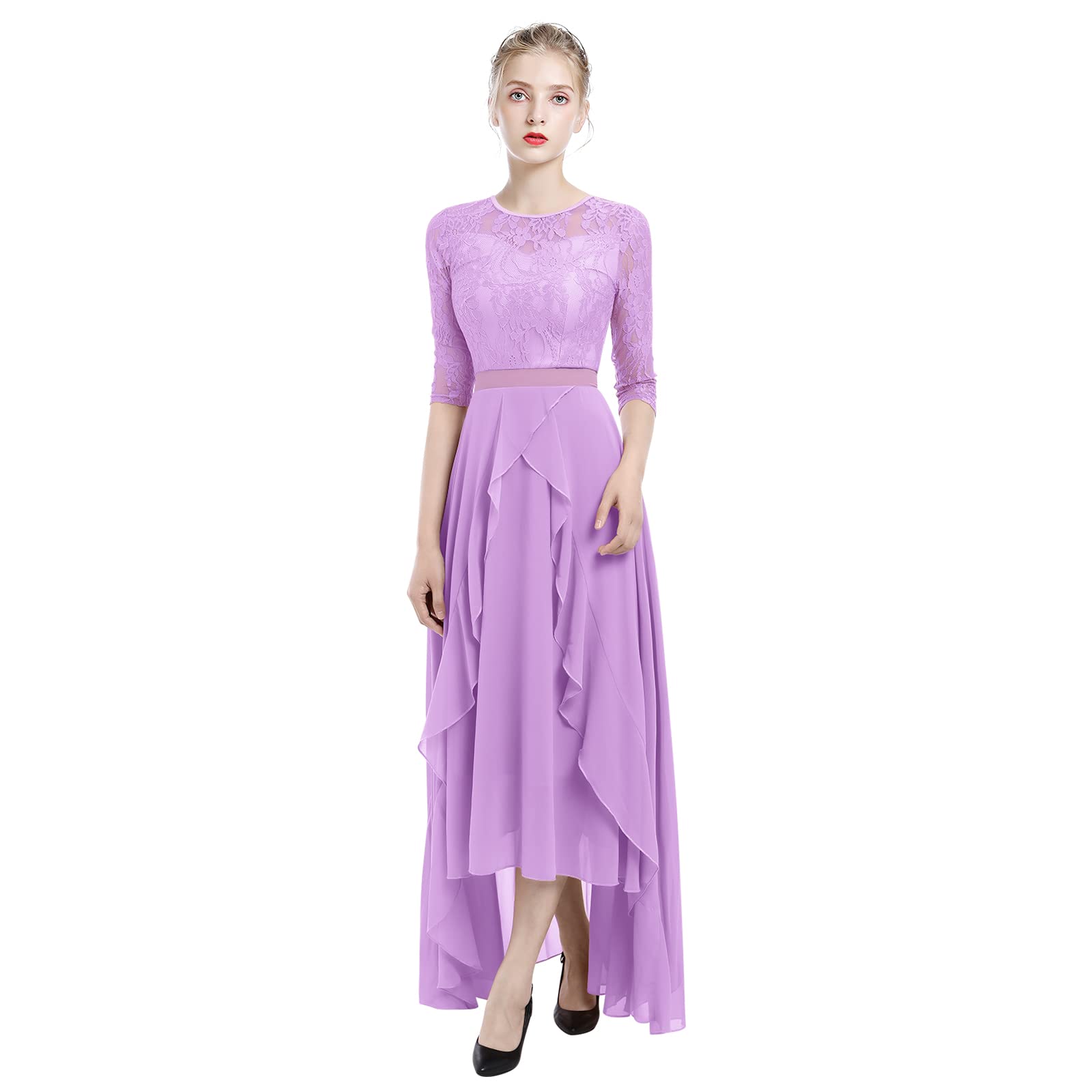 Elegant Chiffon Lace Wedding Dress for Women - Long Evening Gown with 3/4 Sleeves for Prom, Bridal Shower & Formal Occasions
