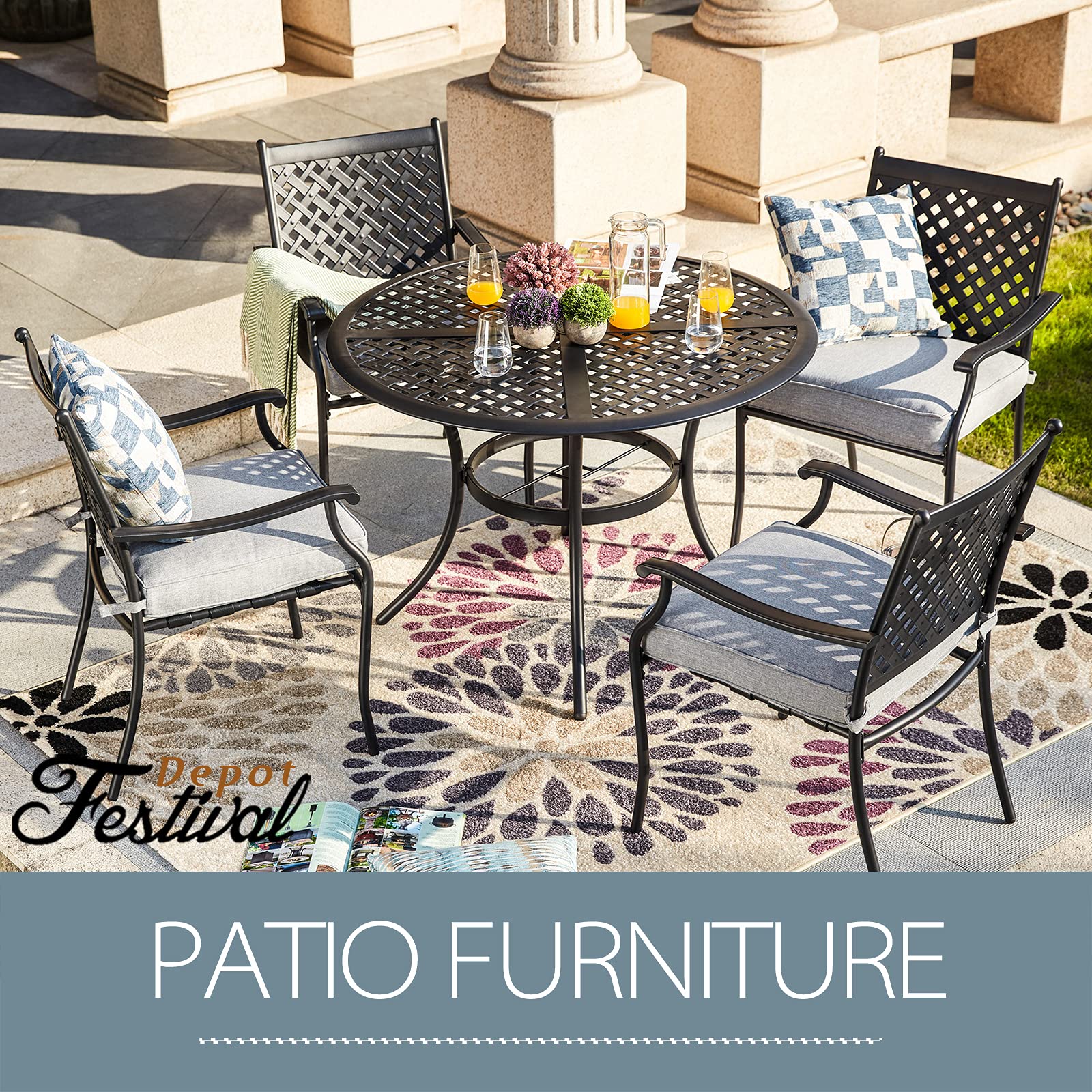 5-Piece Outdoor Patio Dining Set - 4 Wrought Iron Armchairs with Cushions & Round Black Table with Umbrella Hole - Durable Iron Garden Furniture for Deck, Lawn, Poolside, Backyard (Beige) | Perfect for Outdoor Entertaining & Relaxation
