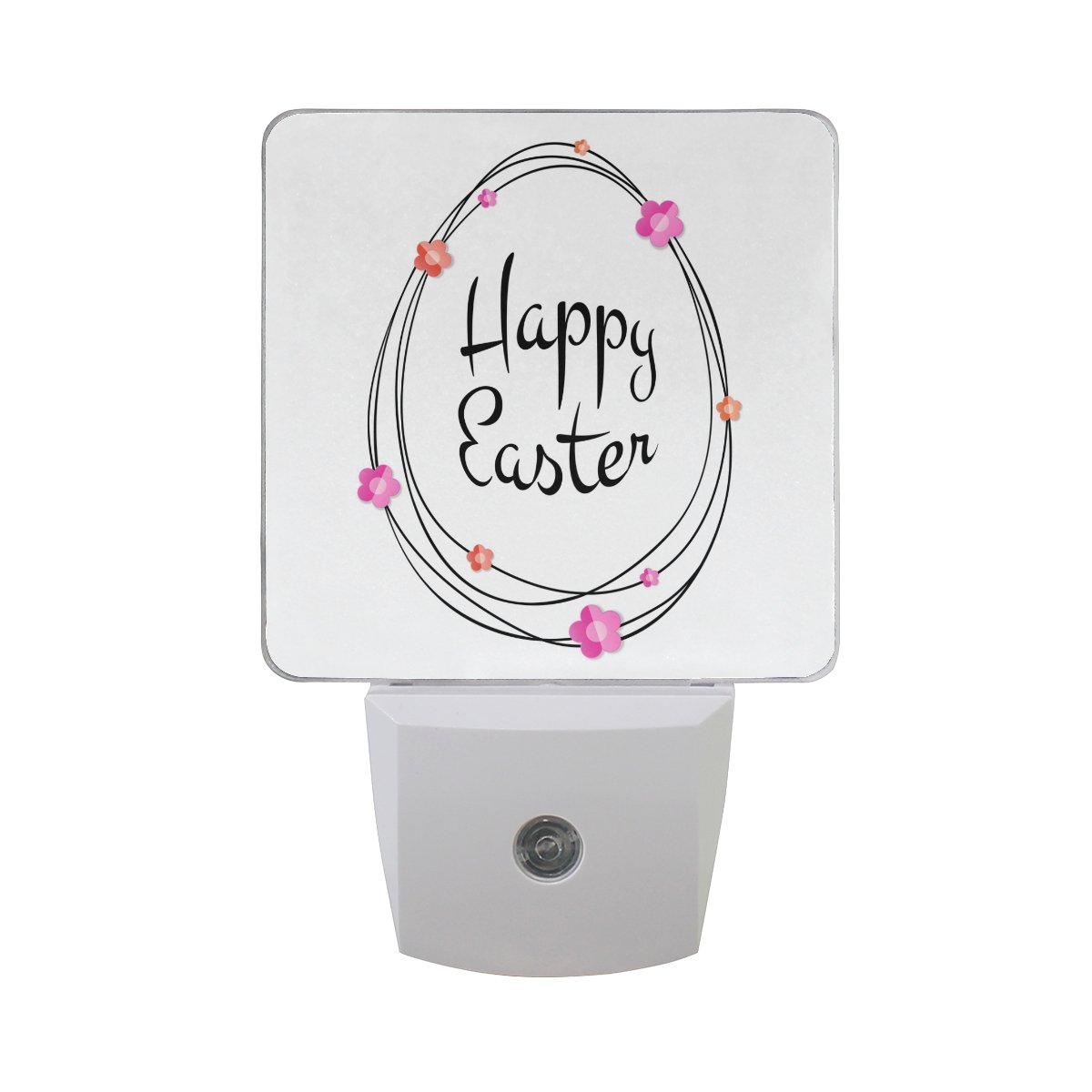 Happy Easter Gold Egg Frame with Colorful Flowers - Set of 2 White Retro Religious LED Night Lights with Auto Sensor, Dusk to Dawn Plug-in Indoor Lighting for Home Decor, Holiday Party, Bedroom, Nursery