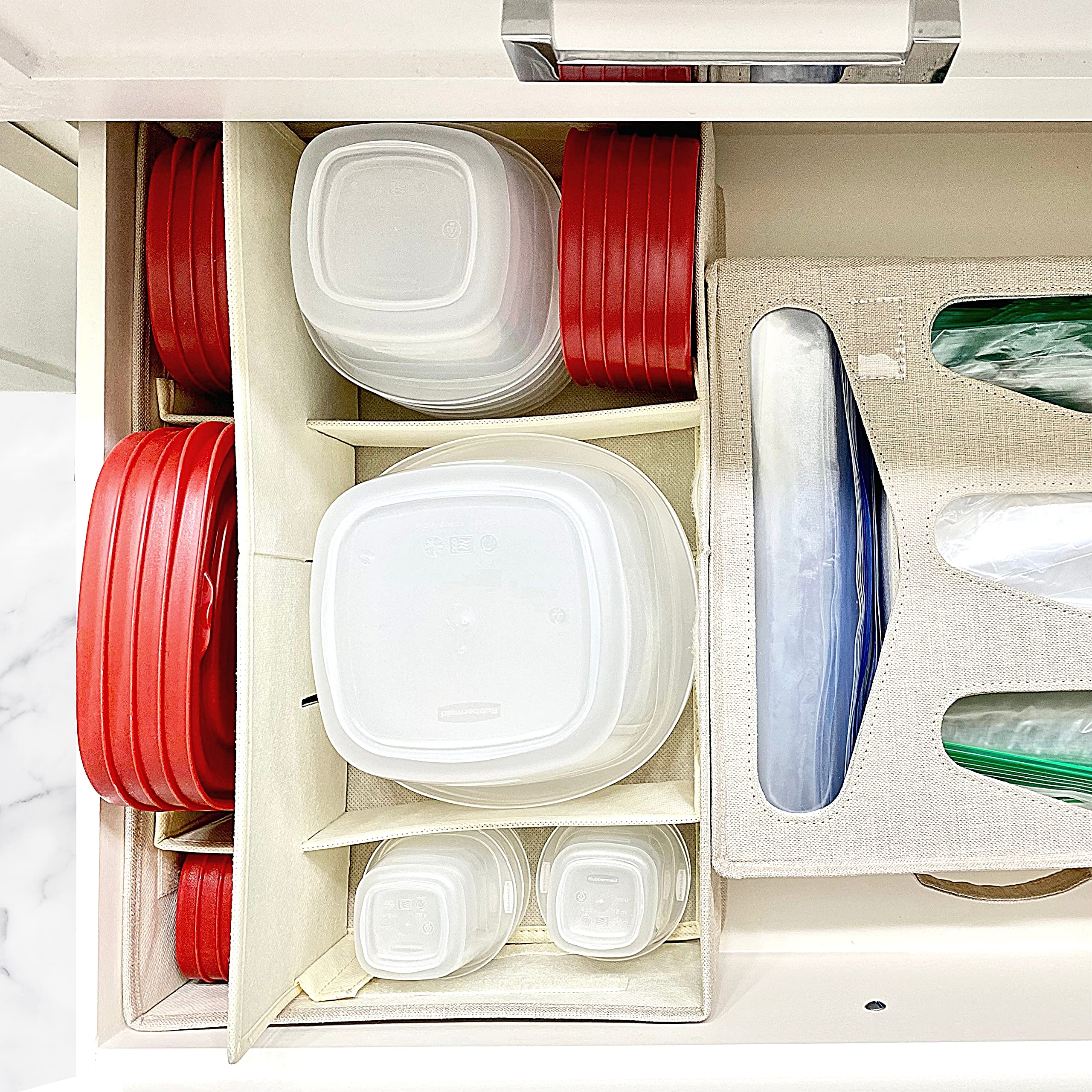Food Storage Container Organizer Box - Adjustable Foldable Cloth Drawer Organizer for Rubbermaid & Glad Containers with Lids | Perfect Kitchen Storage Solution for Pantry, Fridge & Cabinet Organization