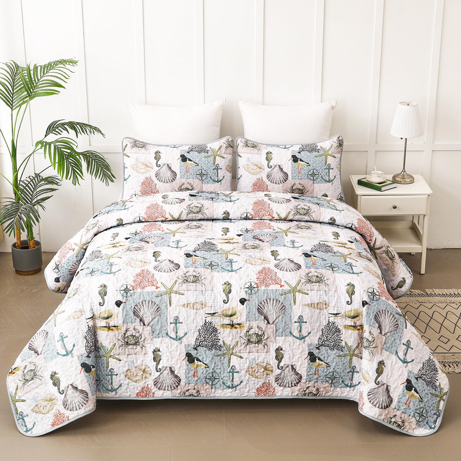 Ocean Themed Quilt Set - Queen Size 3 Piece Soft Microfiber Bedspread Coverlet | Lightweight Summer Blanket & Nautical Beach Bedding | All Season Coastal Decor for Bedroom | 96