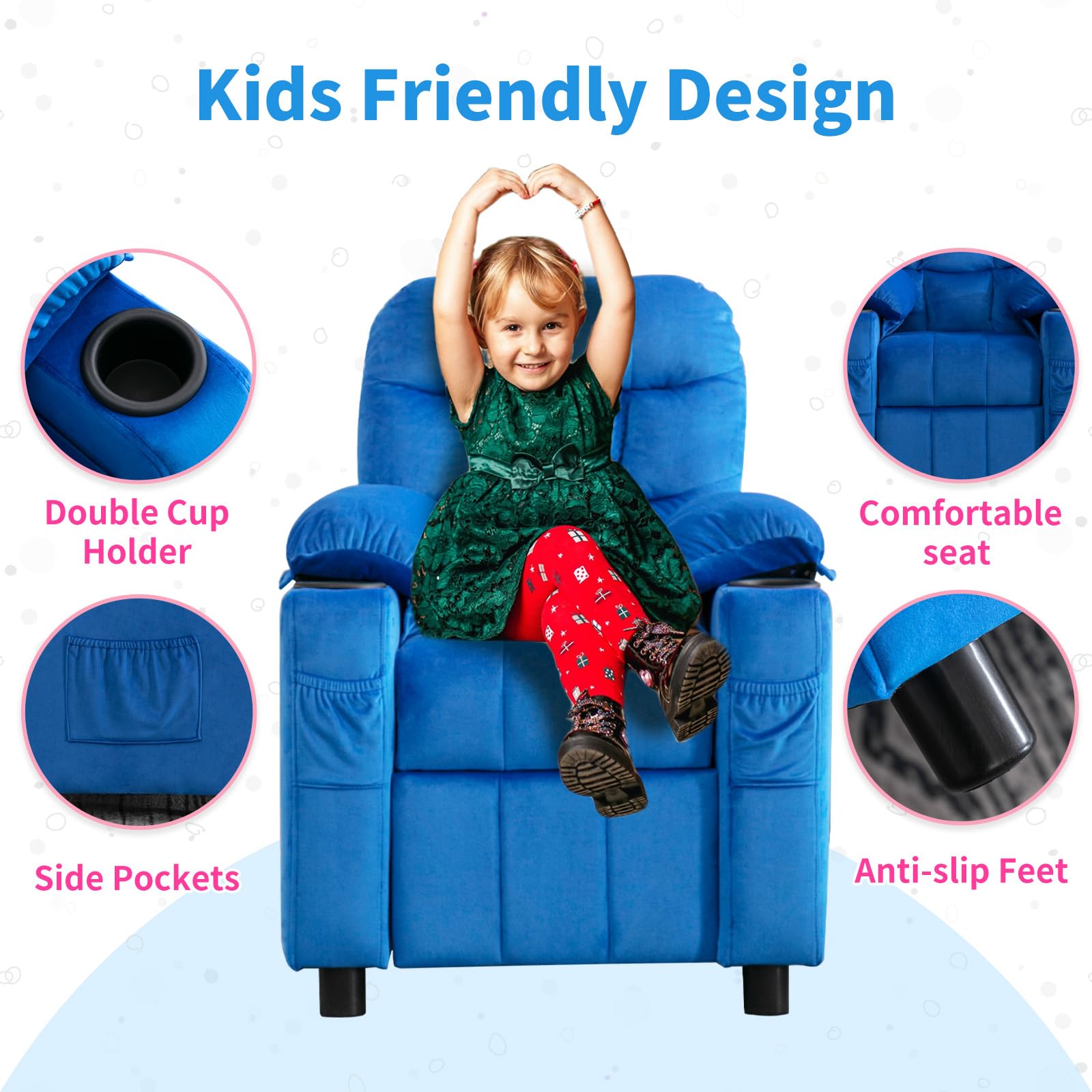 **Kids Recliner Chair with Cup Holder - Adjustable Velvet Lounge Chair with Footrest & Side Pockets - Ergonomic Toddler Sofa for Boys & Girls Bedroom (Navy) - Perfect for Reading, Gaming & Relaxing**